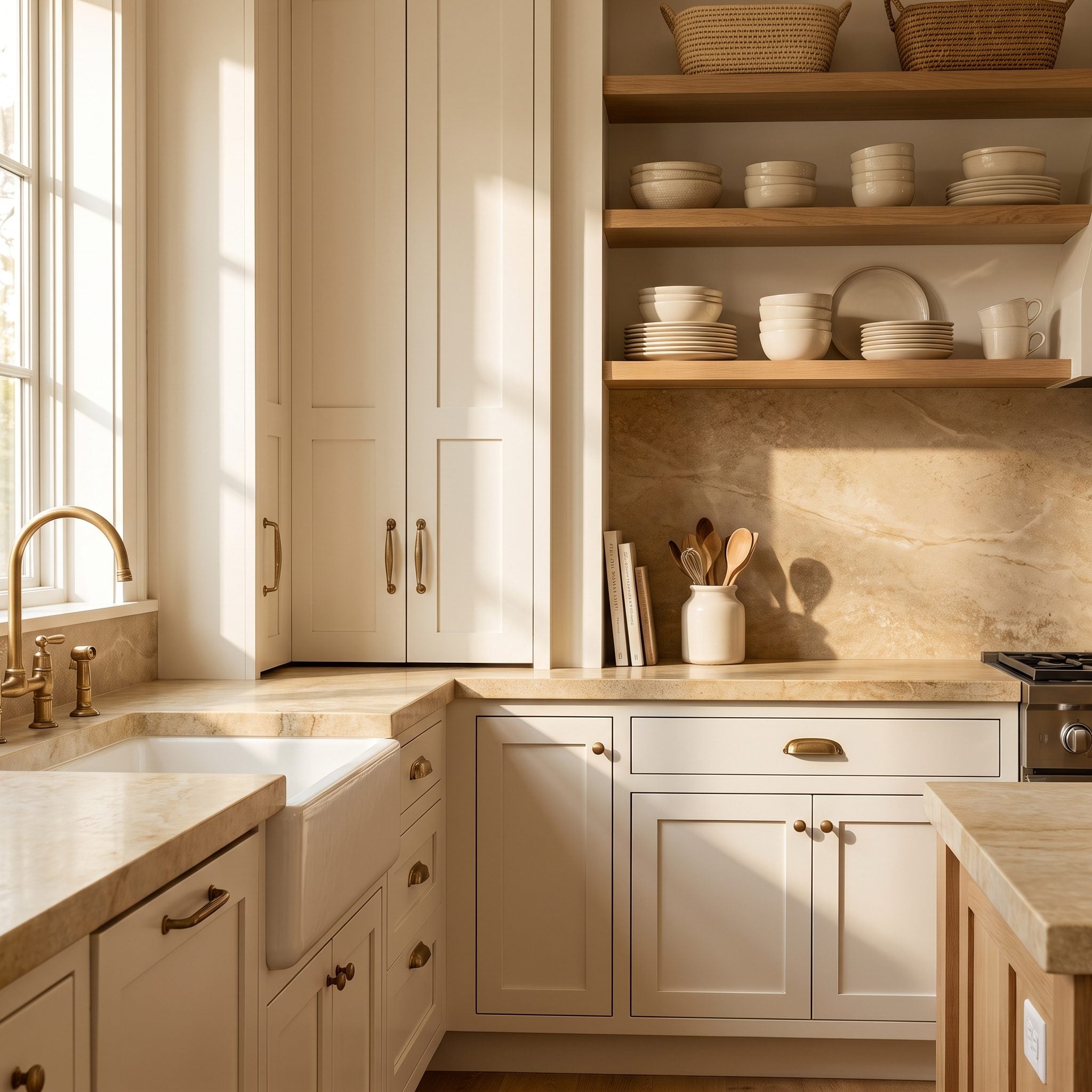 Warm white kitchen cabinetry coordinated with beige and gold veined stone