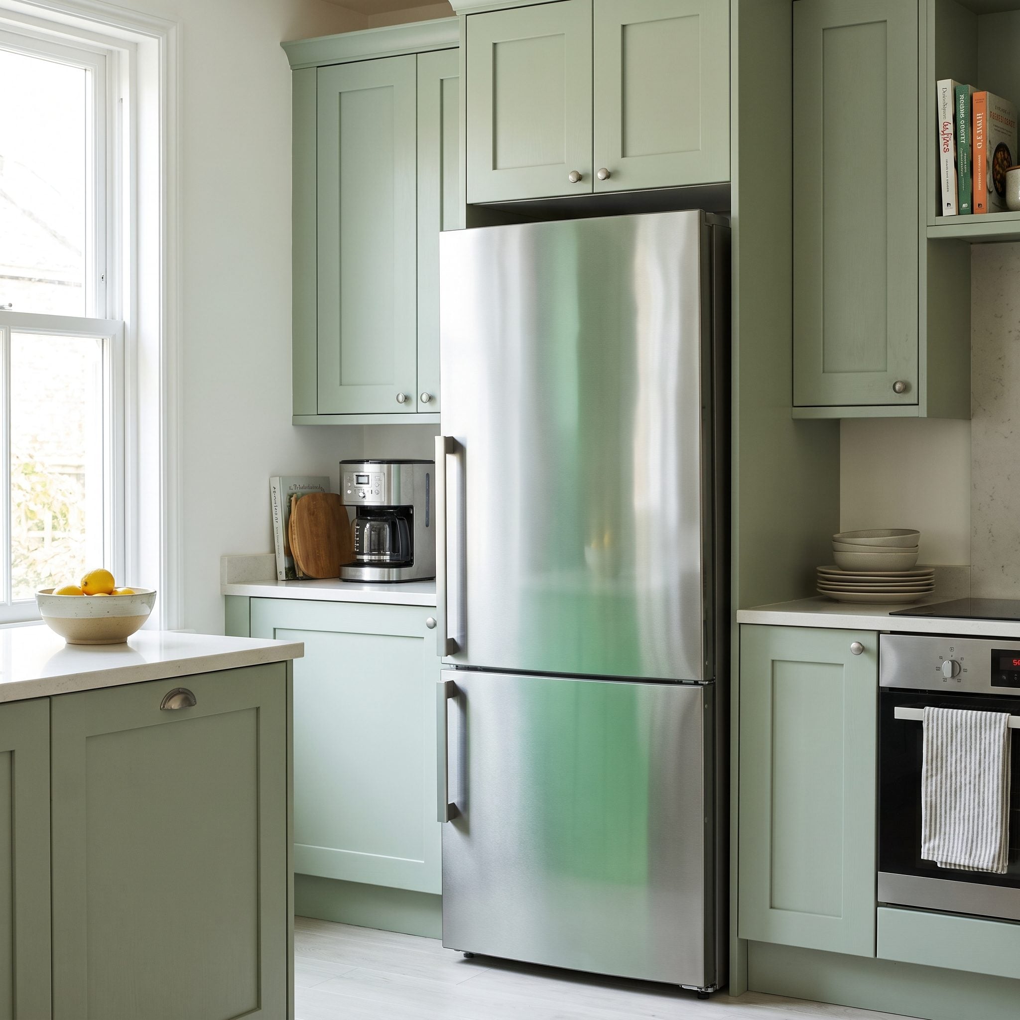Slate-blue kitchen with white quartz, chrome hardware, and matte black range, refrigerator and dishwasher.