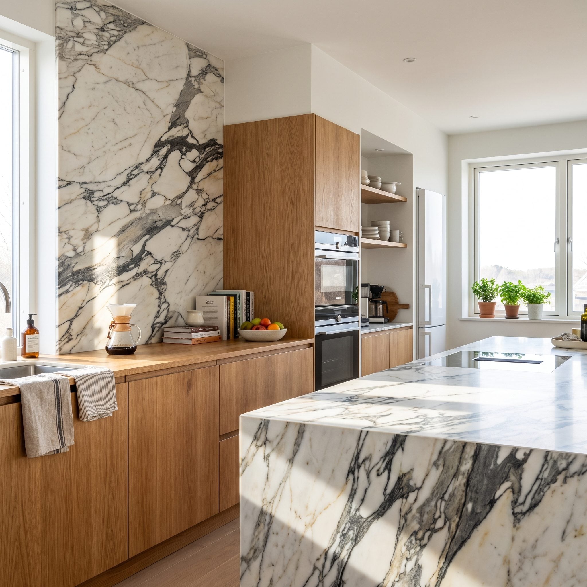 Natural oak kitchen cabinetry balancing a heavily veined marble countertop