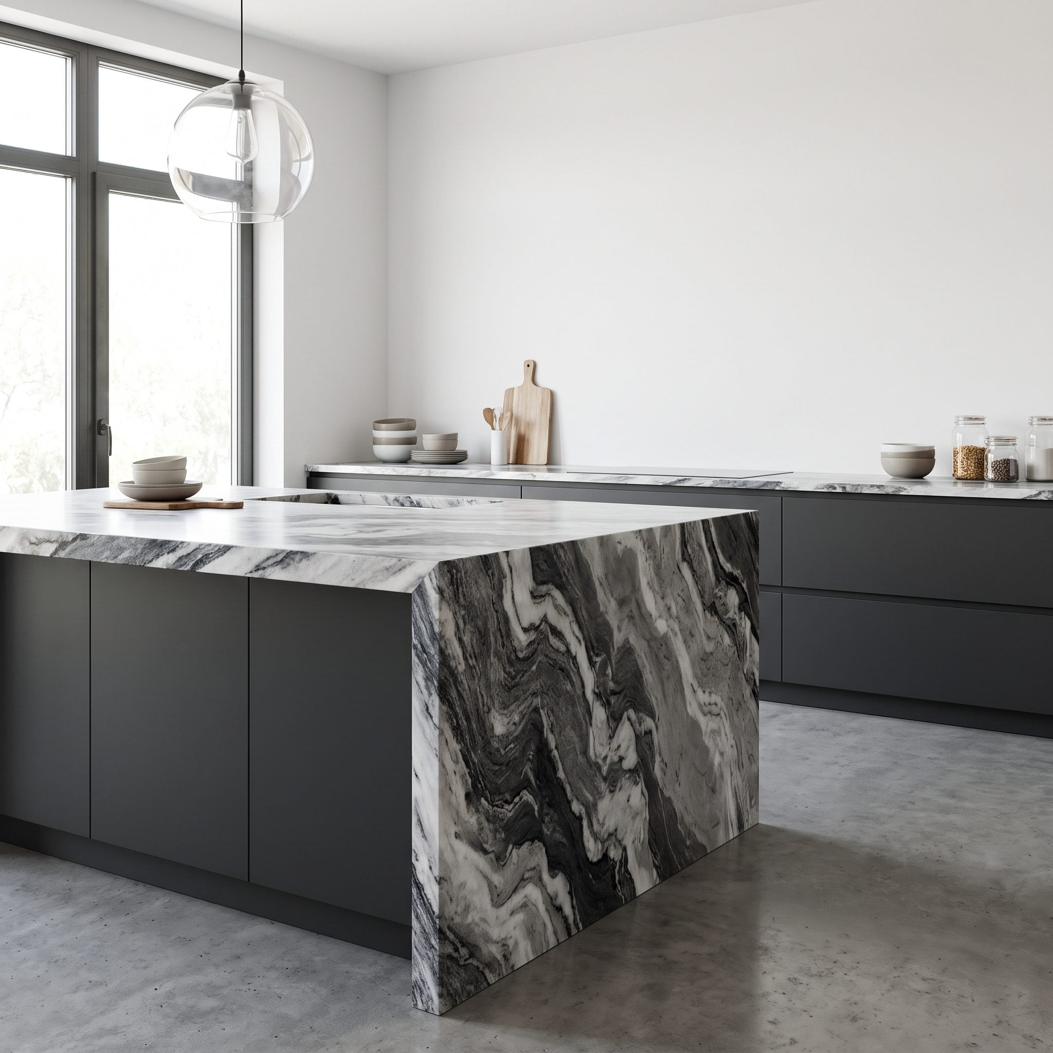 White kitchen with a dramatic black-and-white veined marble waterfall island and matte black hardware.