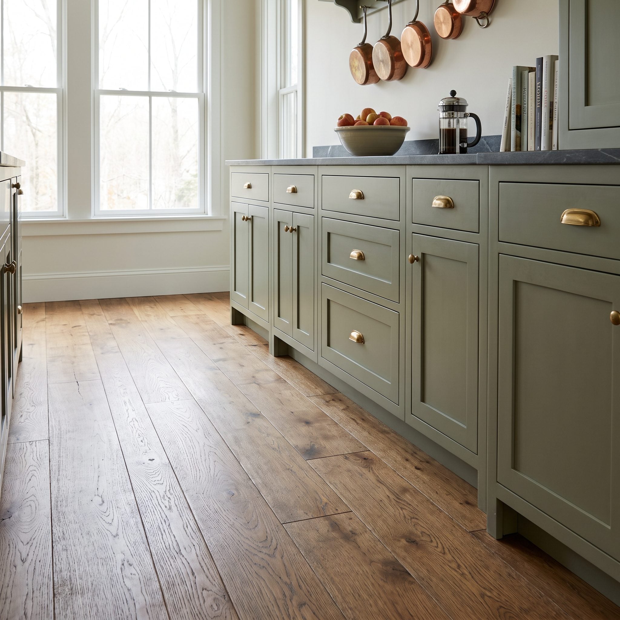 Kitchen with honey oak floor, cream cabinets, and a paint board leaning so floor, counter, and swatch all read together.