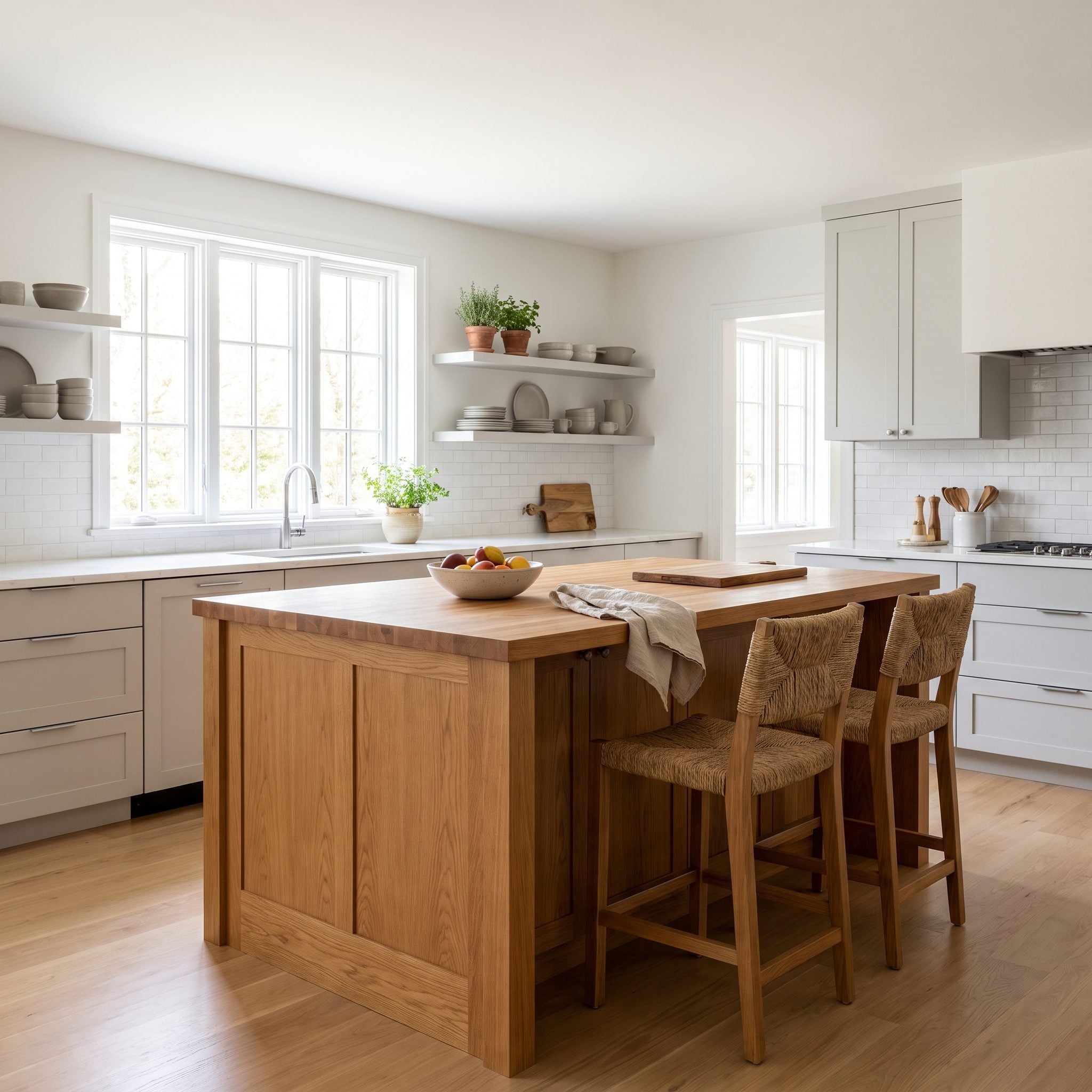 Walnut kitchen island warming a cool gray stone and white cabinet palette