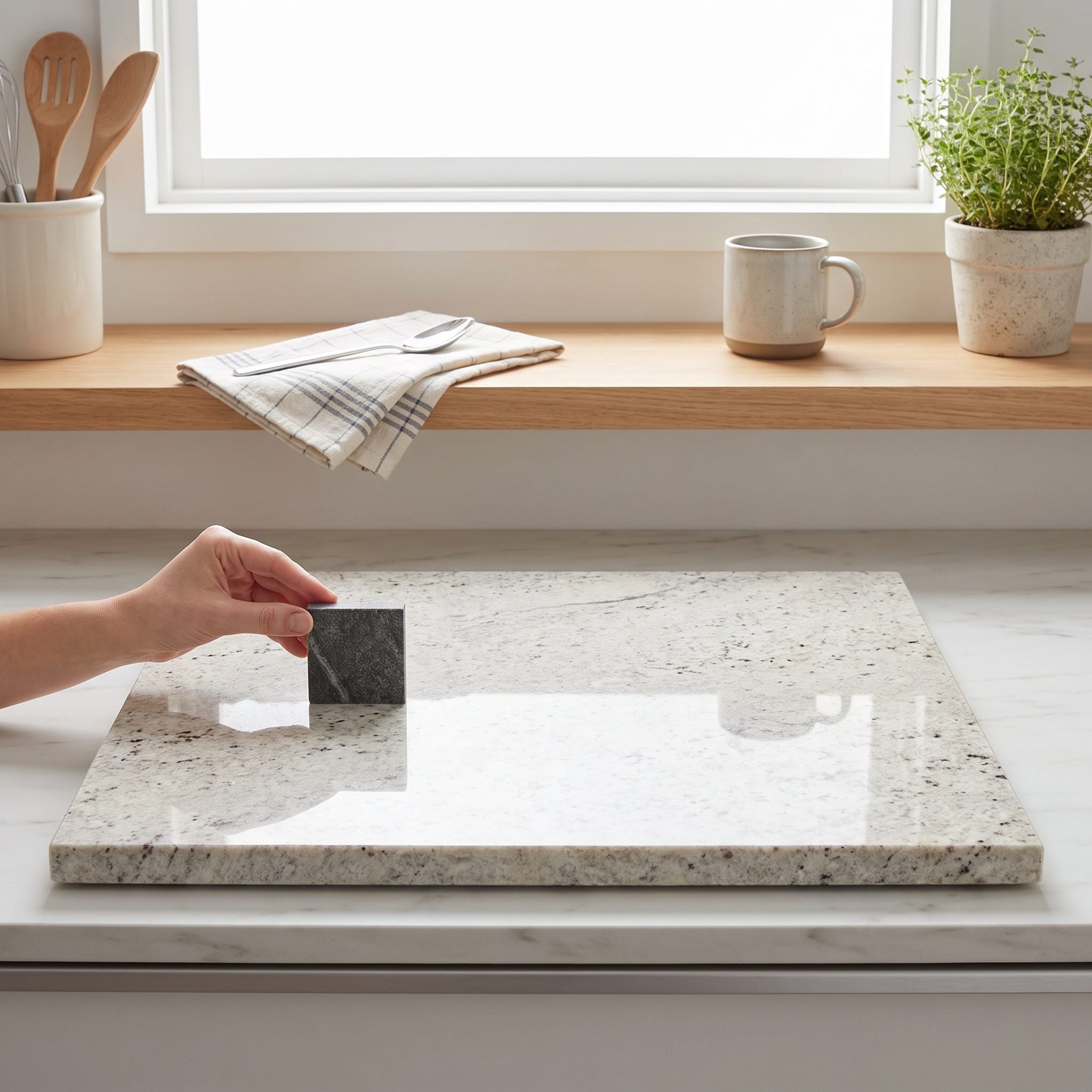 Stone showroom with a full veined quartzite slab beside a tiny sample chip showing only one corner of the stone