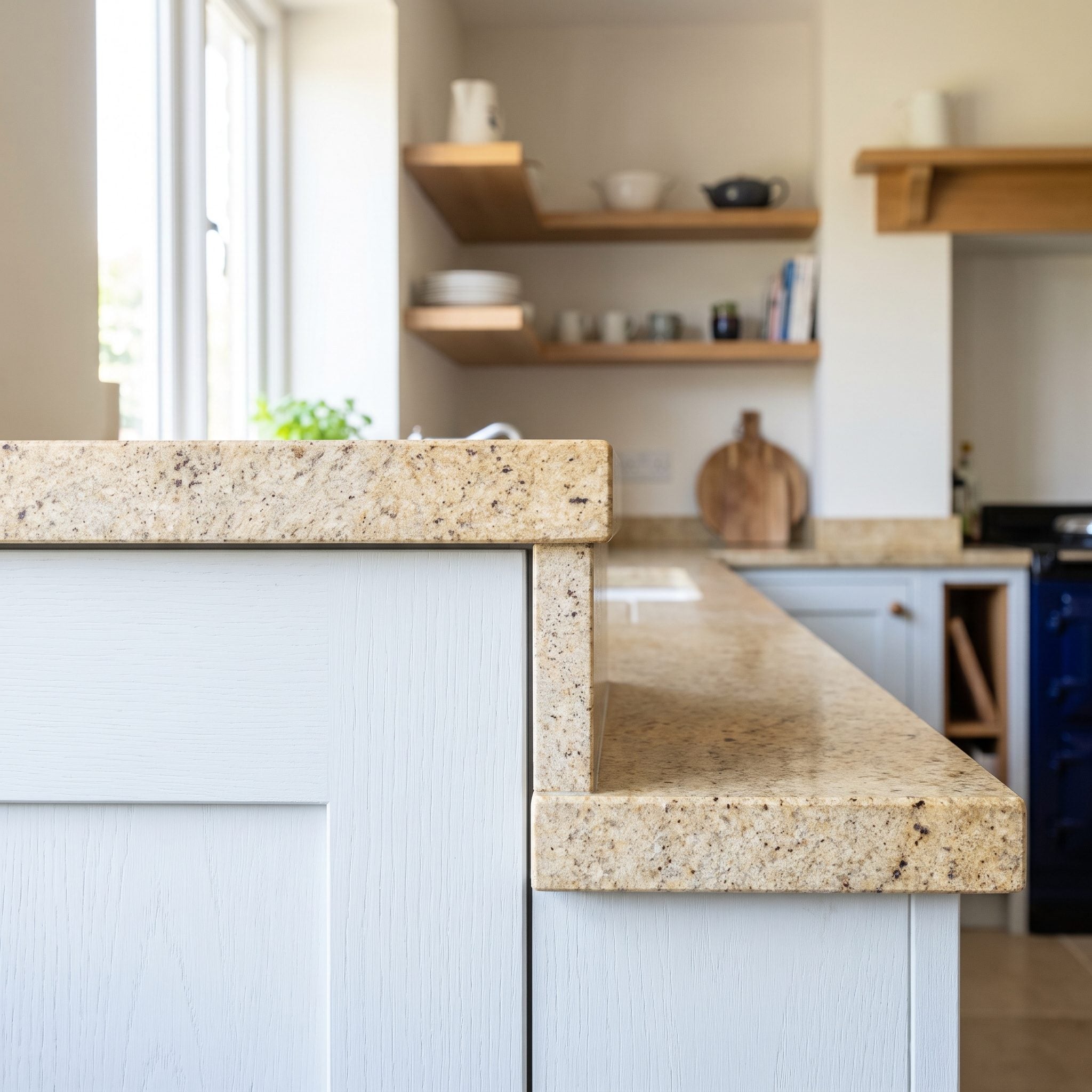 Cool bright white kitchen cabinetry beside a warm cream and gold countertop