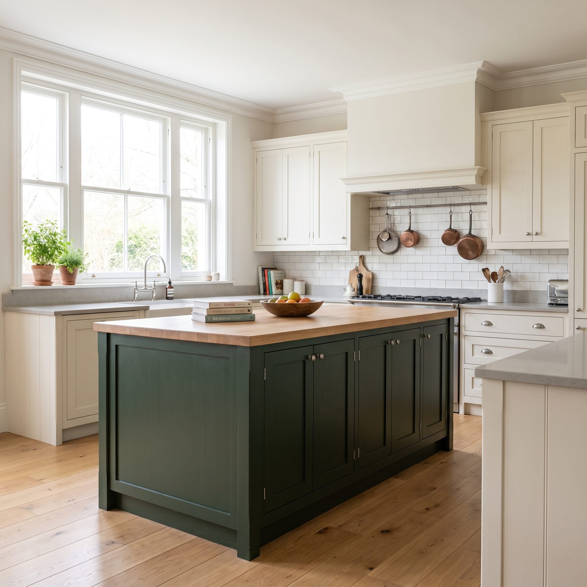 Open kitchen with cream perimeter cabinets and a navy island topped with walnut, lit by brass pendants.