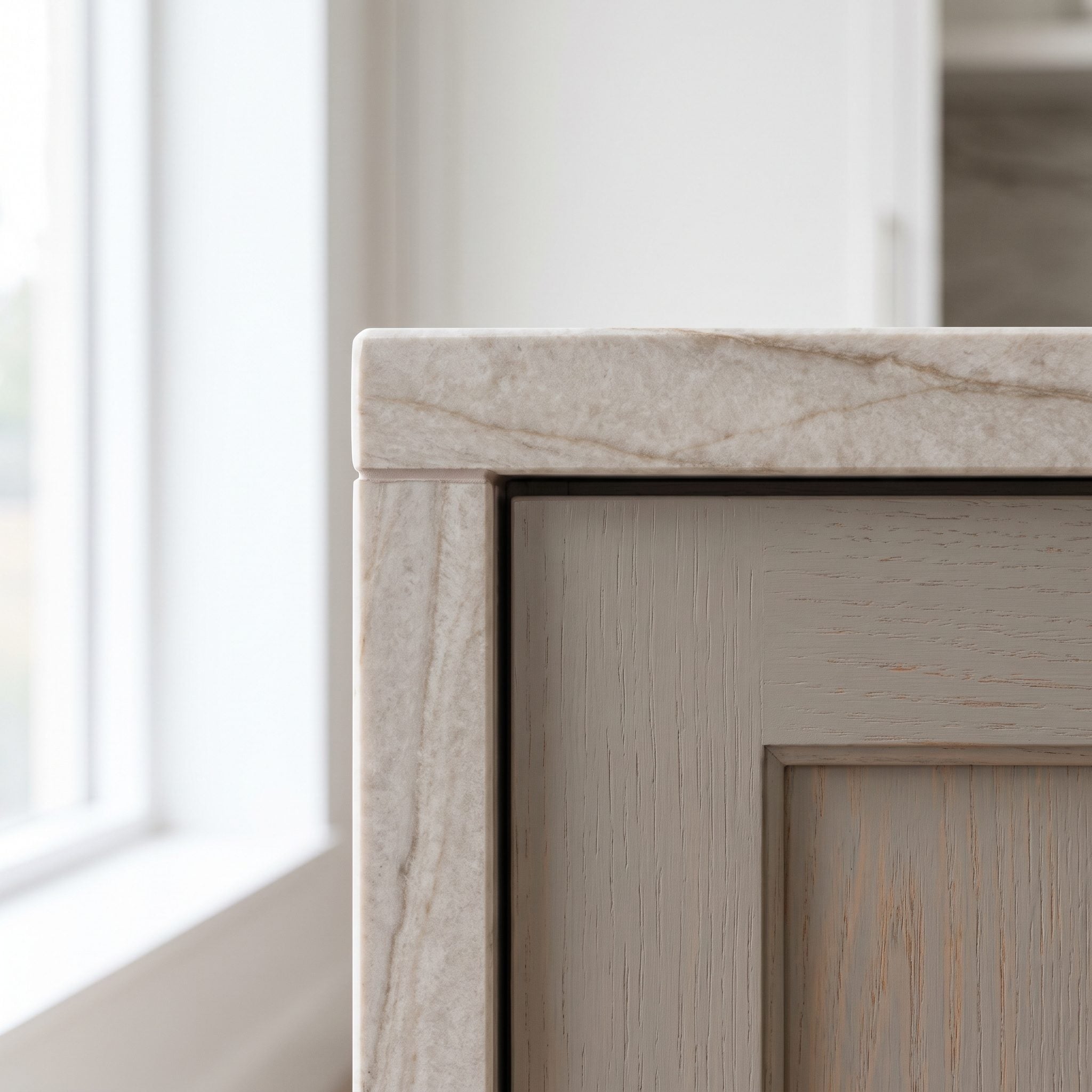 Greige kitchen cabinetry coordinated with a quiet taupe undertone in quartzite