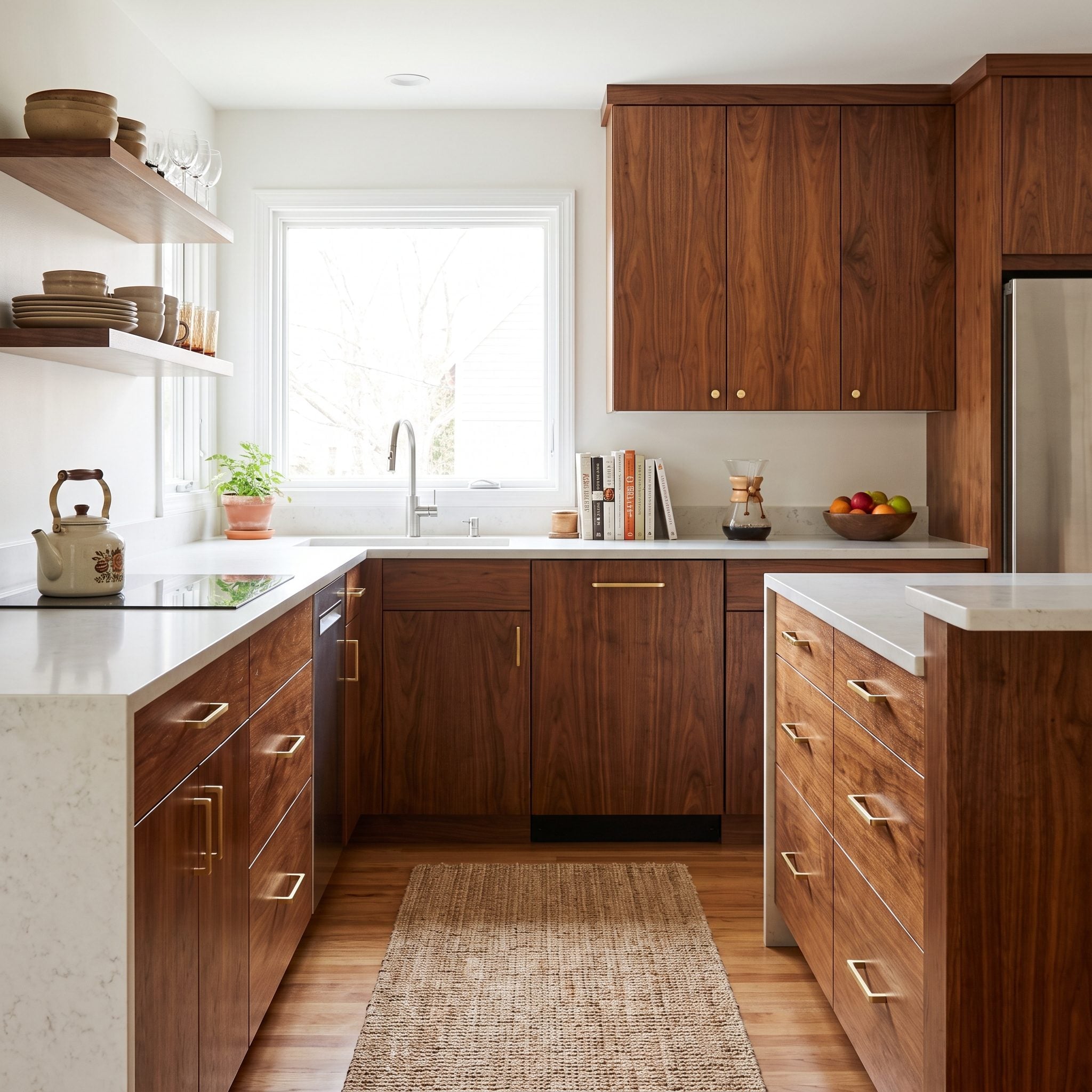 Refinished honey-tone wood cabinetry paired with creamy quartz and brass hardware