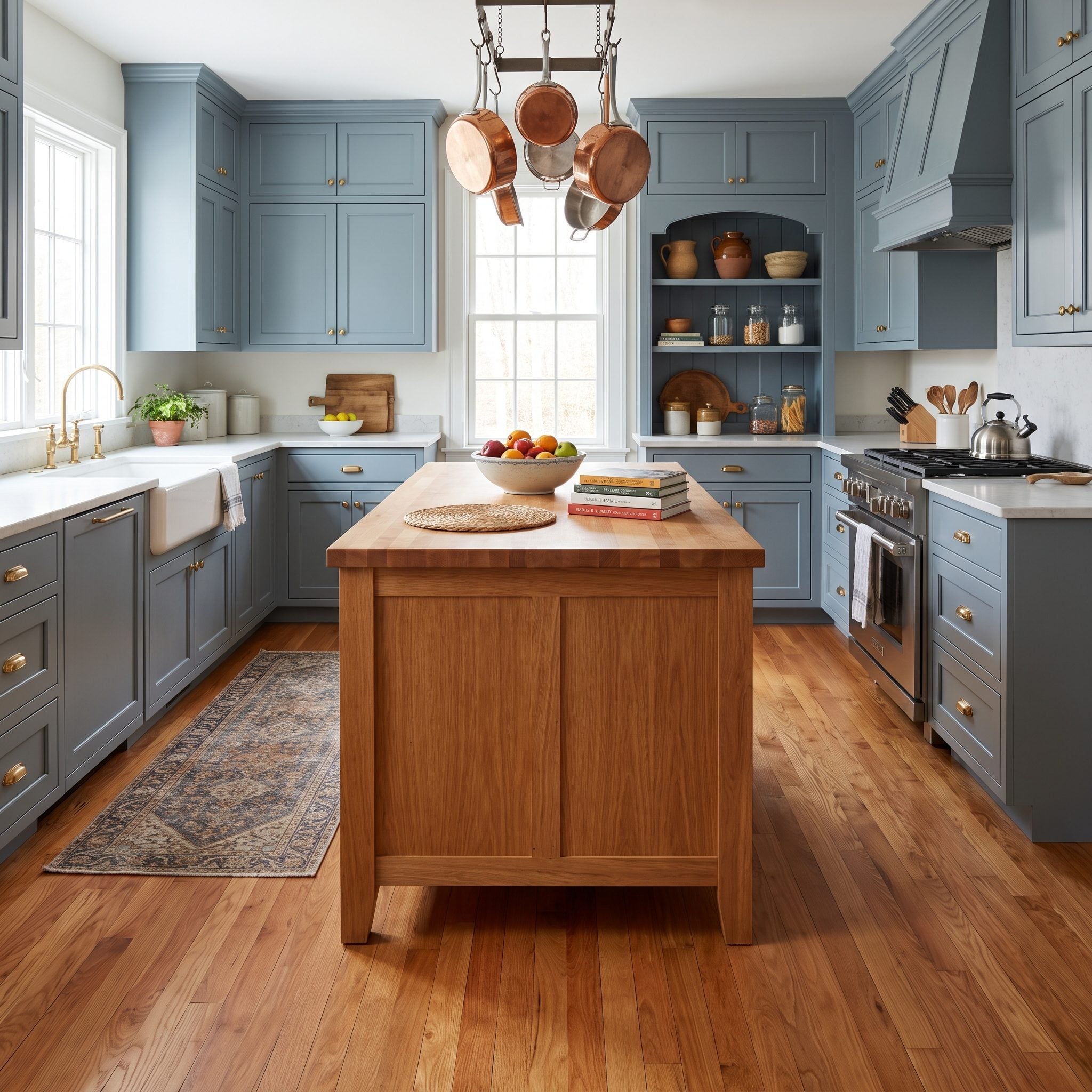 Kitchen with warm red-toned oak floor and warm greige cabinets that share an undertone rather than clashing.