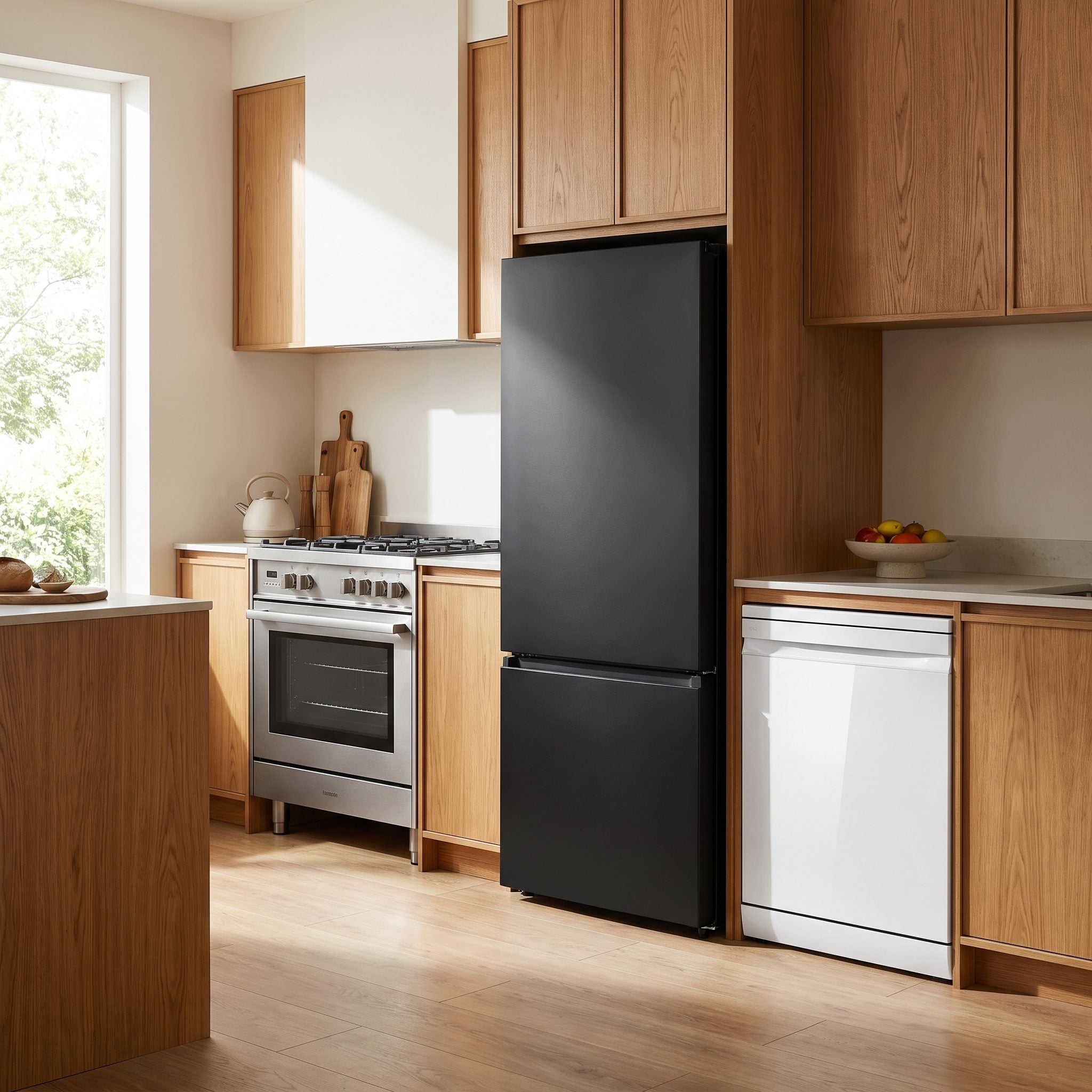 Warm white kitchen with stainless appliances echoed by polished nickel hardware and a stainless faucet.