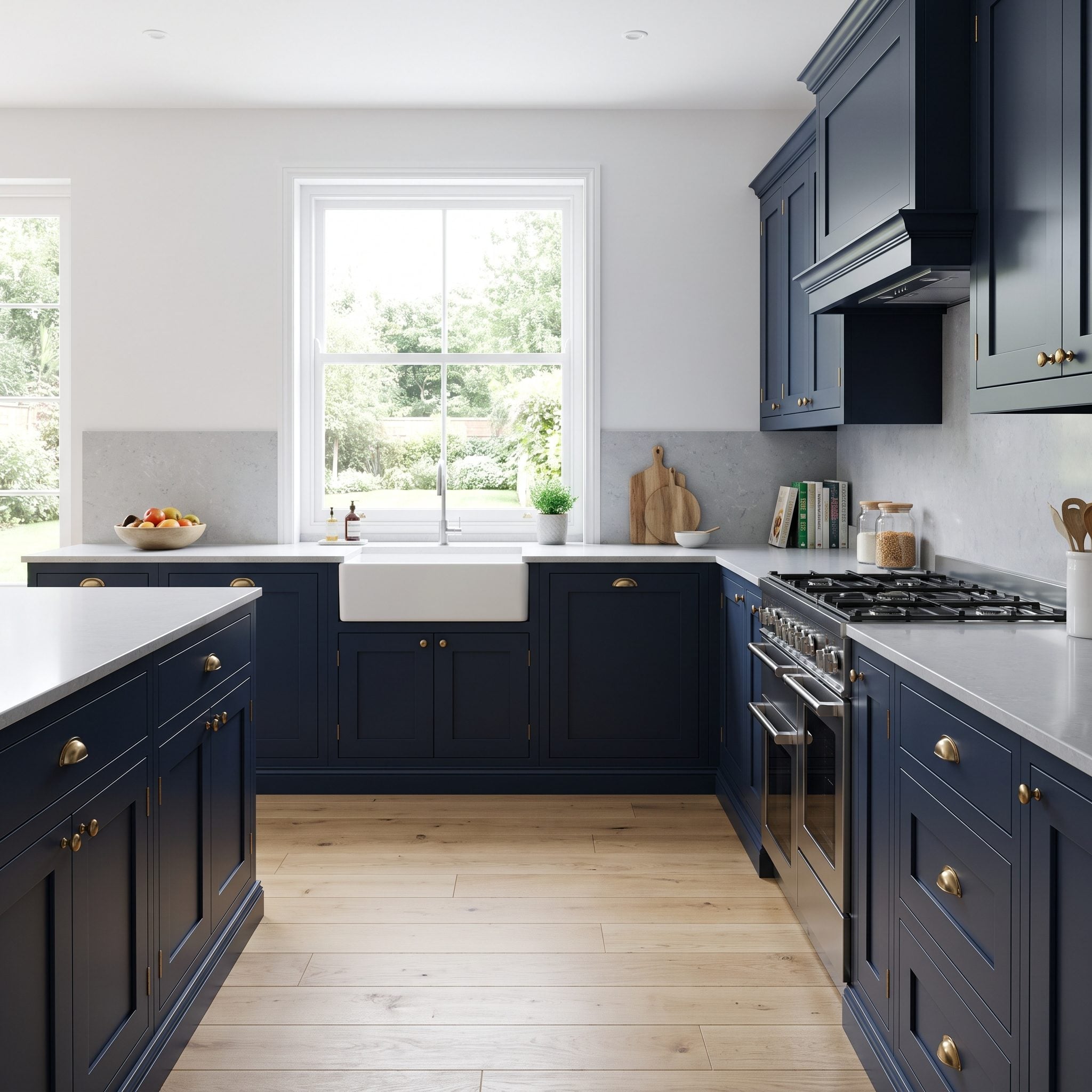 Navy kitchen cabinetry paired with a cool gray veined countertop and chrome hardware