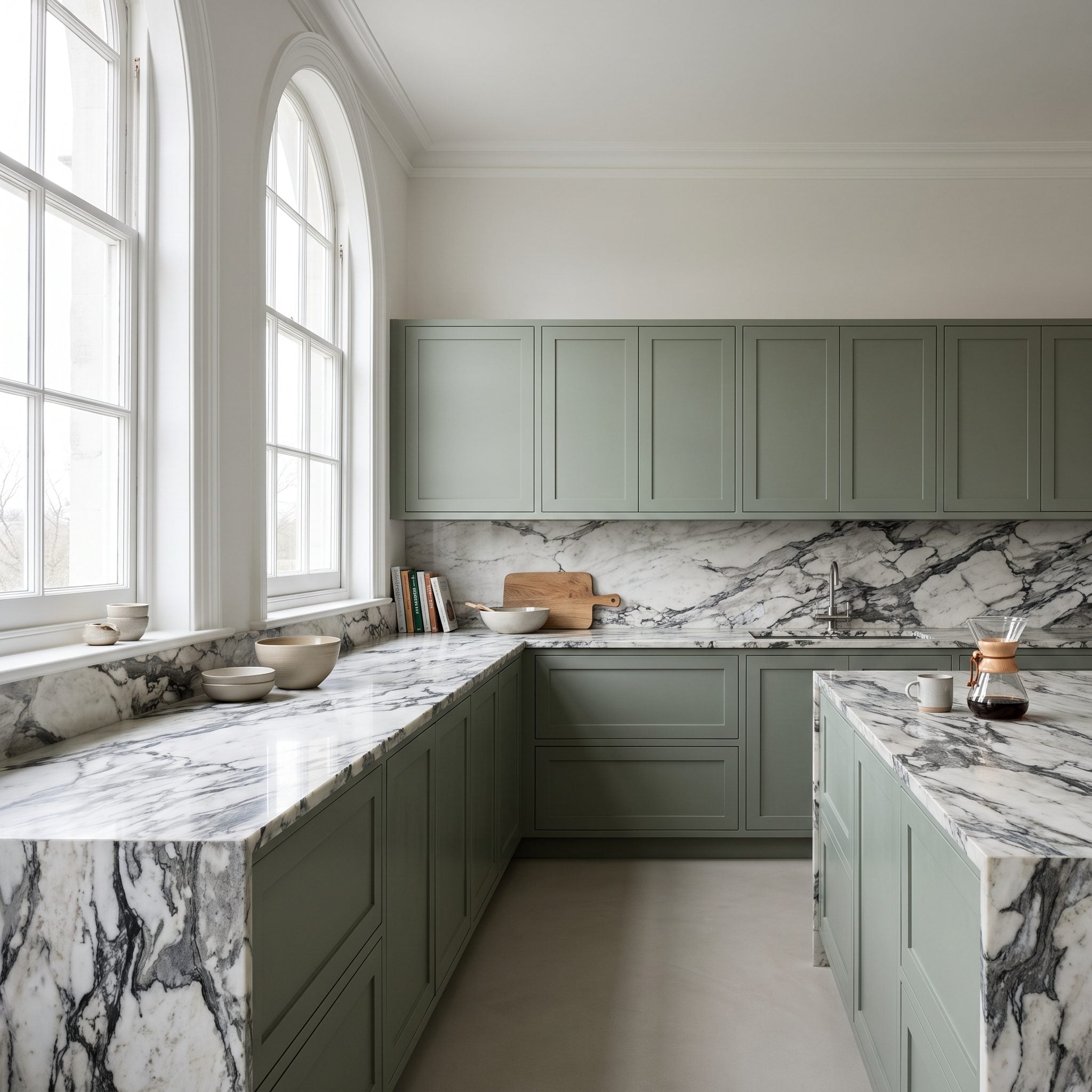 Greige single-color kitchen with a swirling cream-and-rust veined quartzite countertop and matte black hardware.