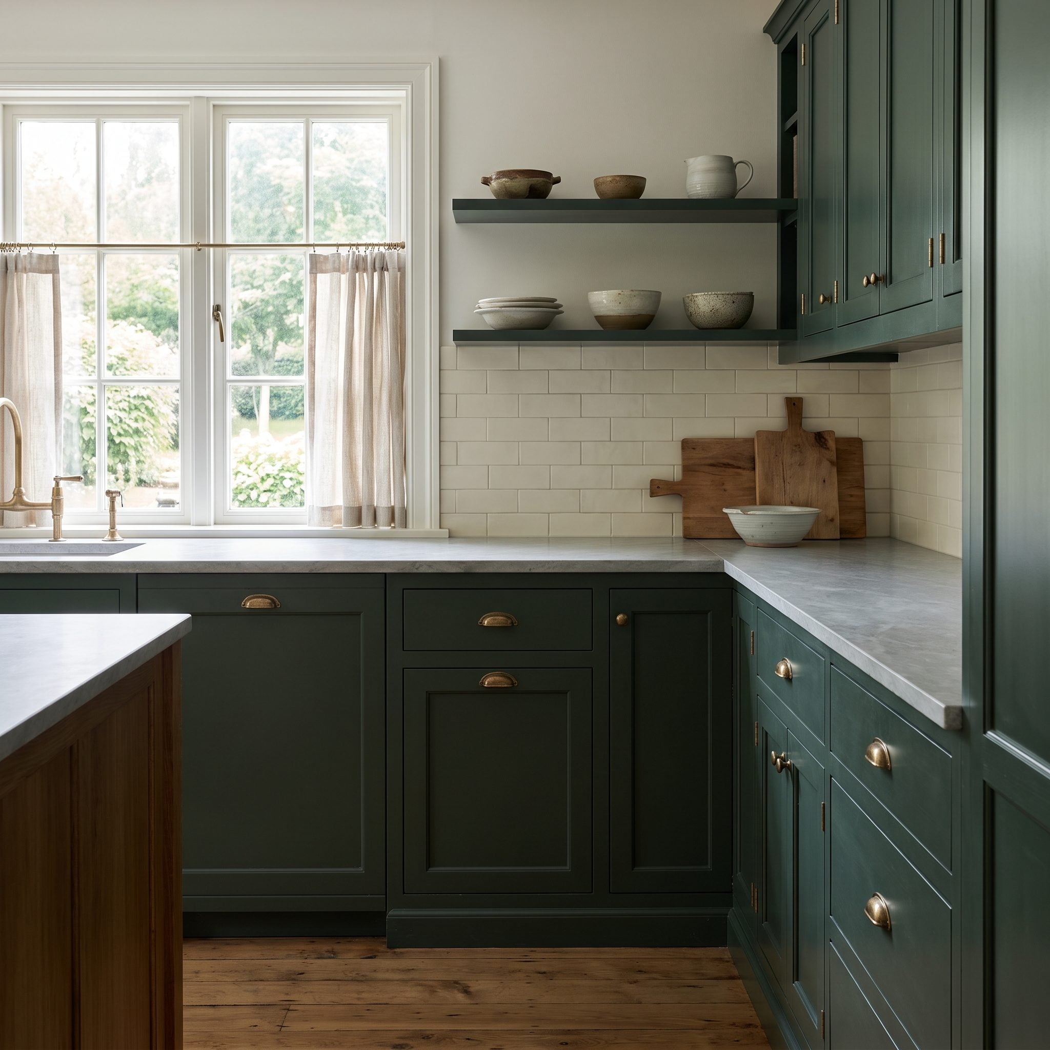 Forest green kitchen with pale quartz counters, brass hardware, stainless range and refrigerator.
