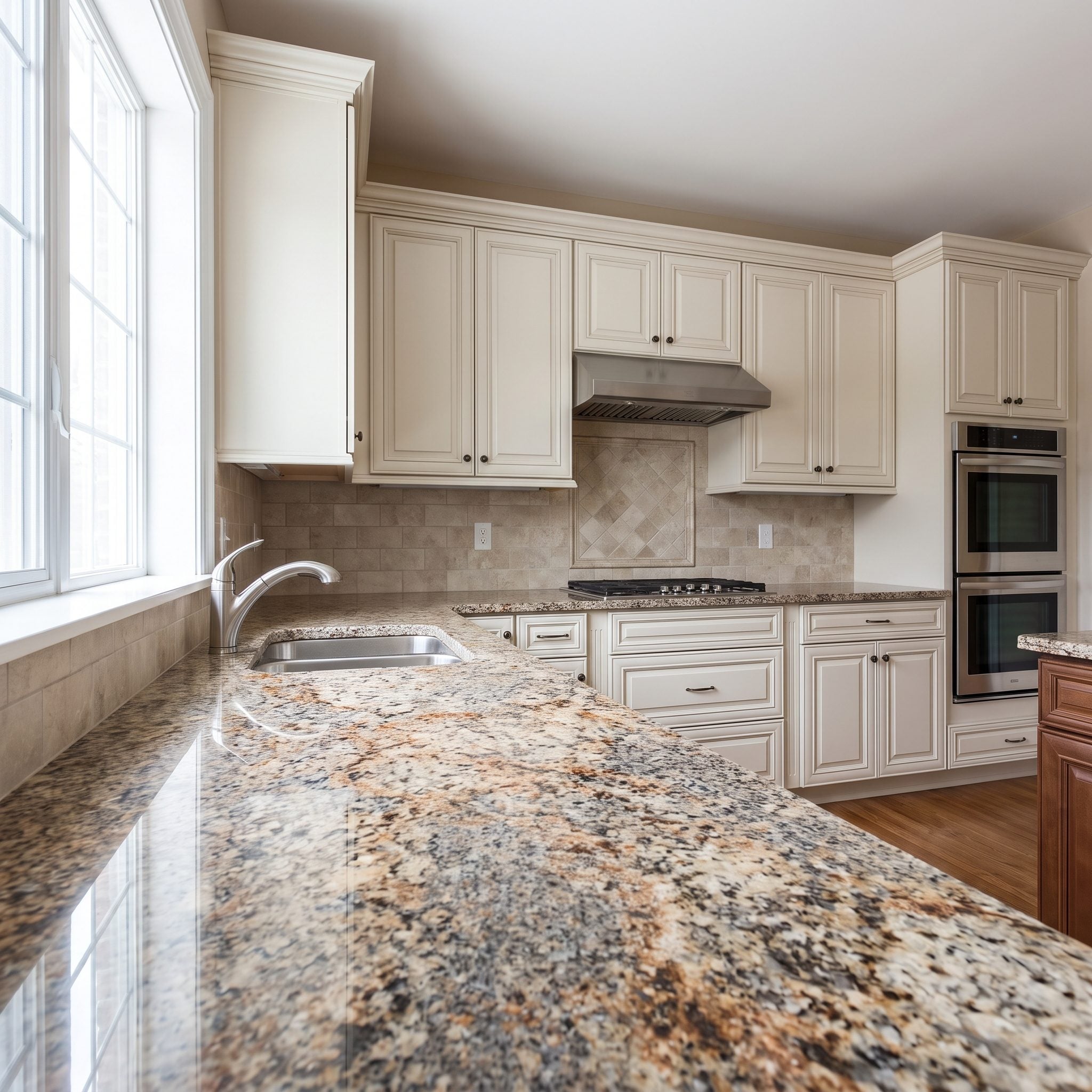 Soft off-white kitchen cabinetry paired with a busy brown cream and gold granite countertop