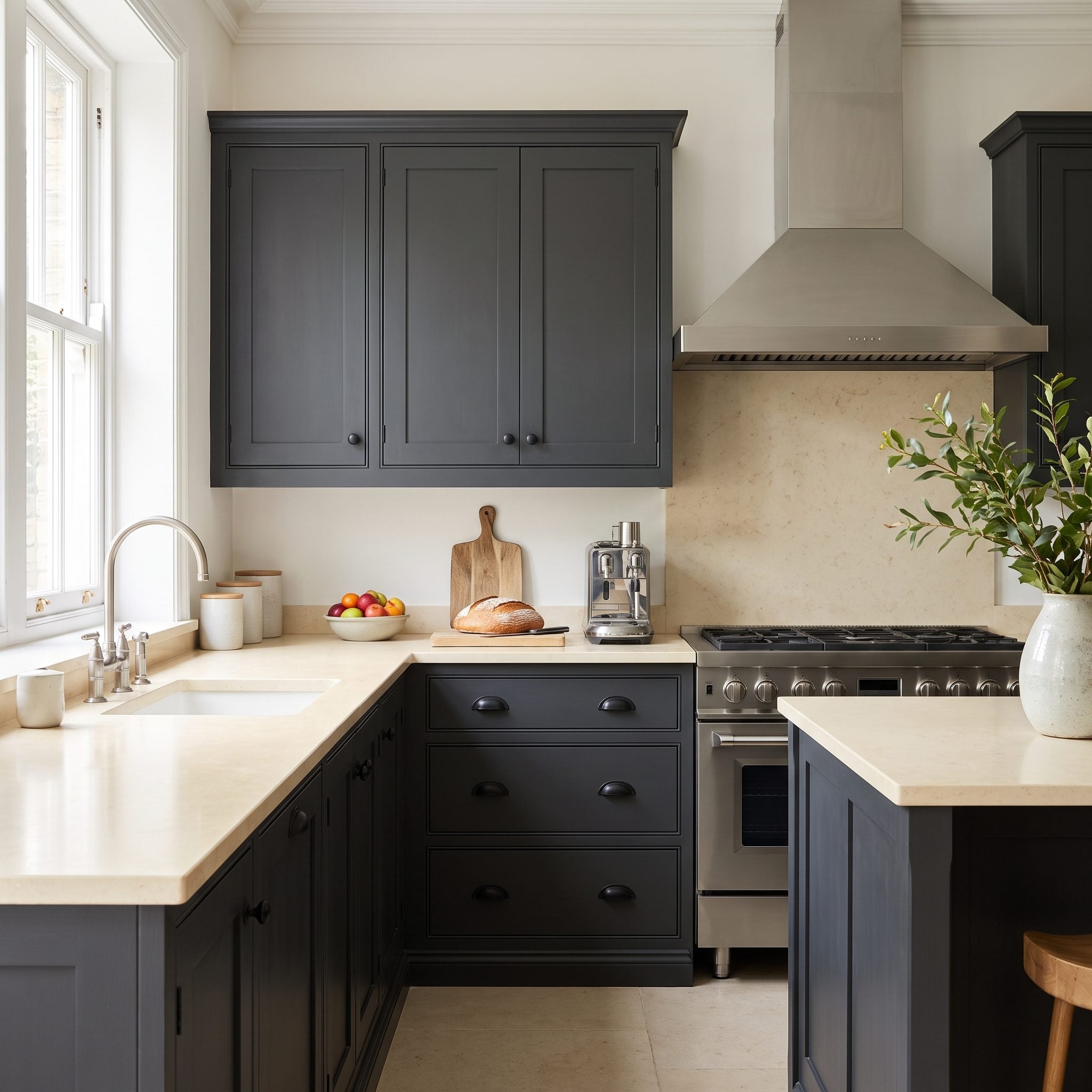 Charcoal kitchen cabinetry creating contrast beneath a pale quartz countertop