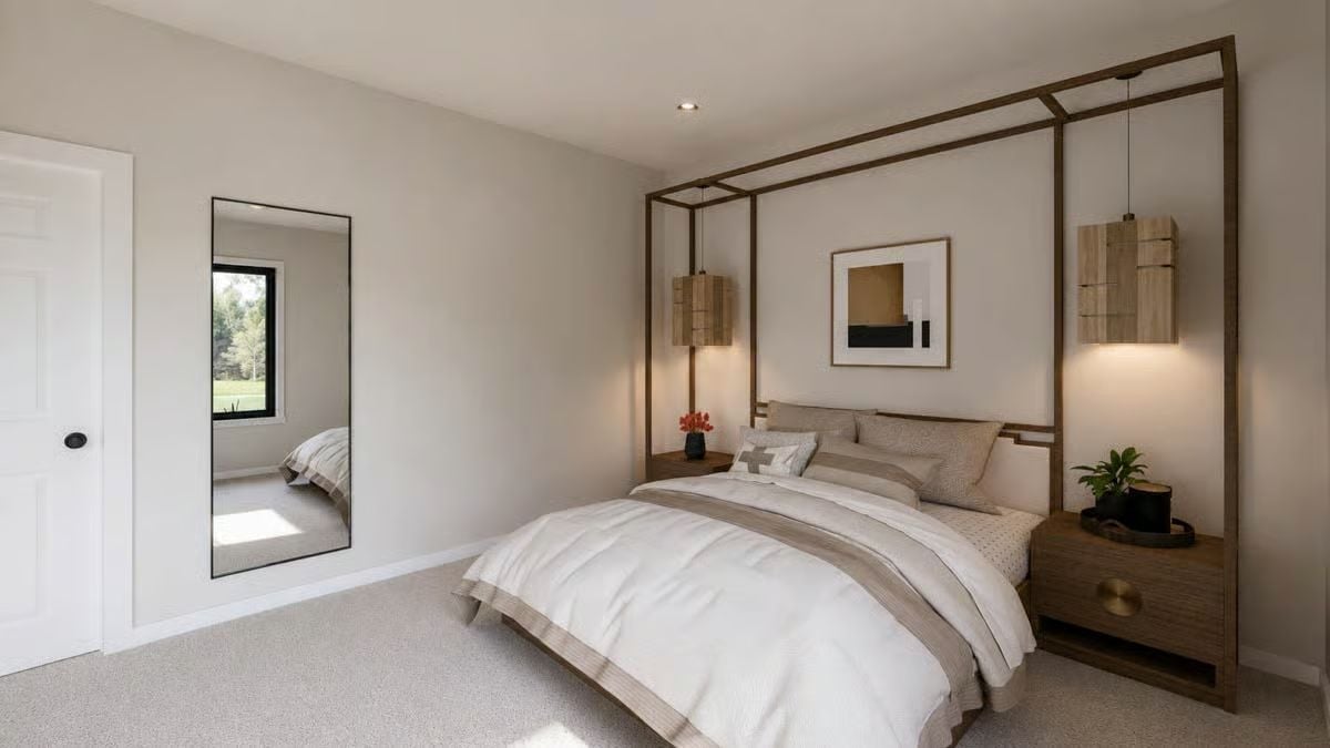 Four-Poster Frame, Pendant Lights Built In, and Bedside Storage That Doesn't Fight the Bed