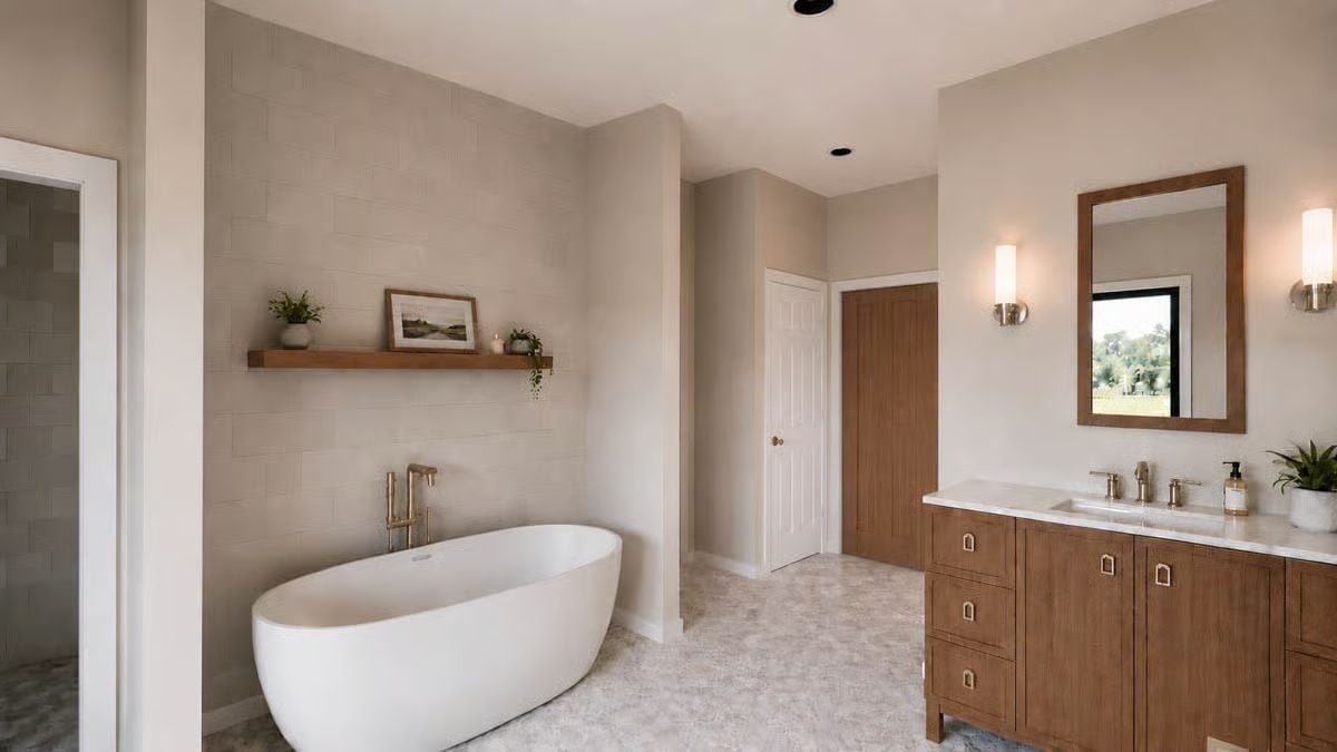 Freestanding Soaker, Brass Fixtures, and a Vanity That Looks Built-In But Isn't