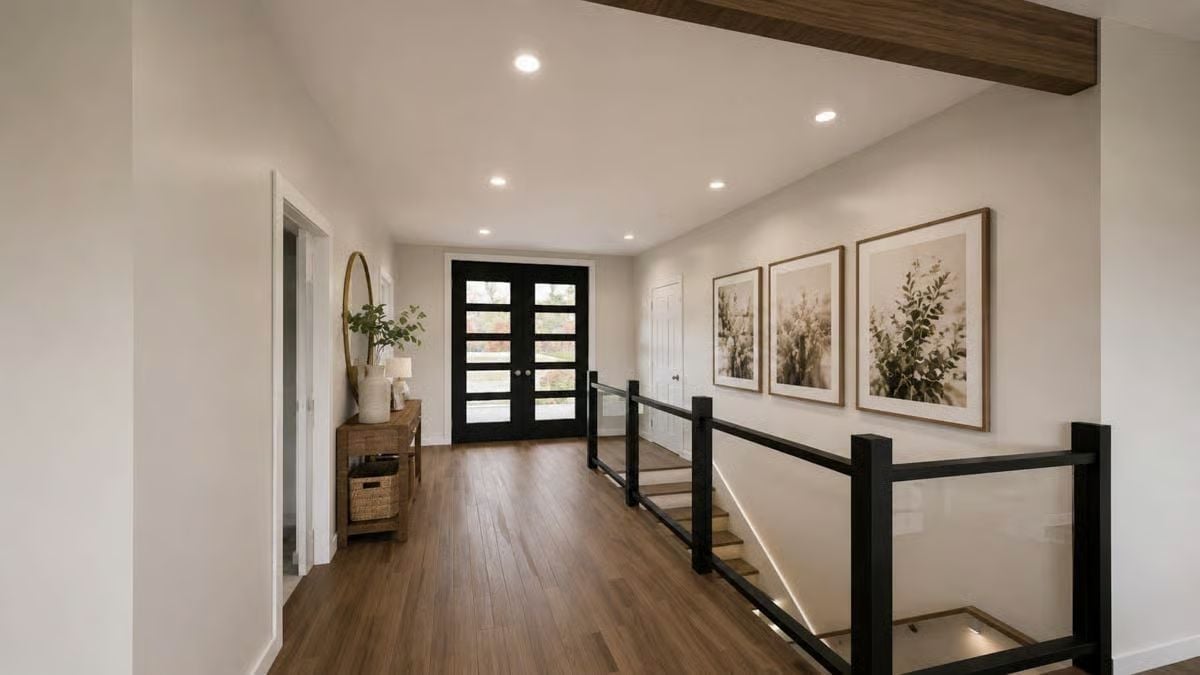 Recessed Lights, a Wood Ceiling Beam, and Framed Botanicals That Pull It Together