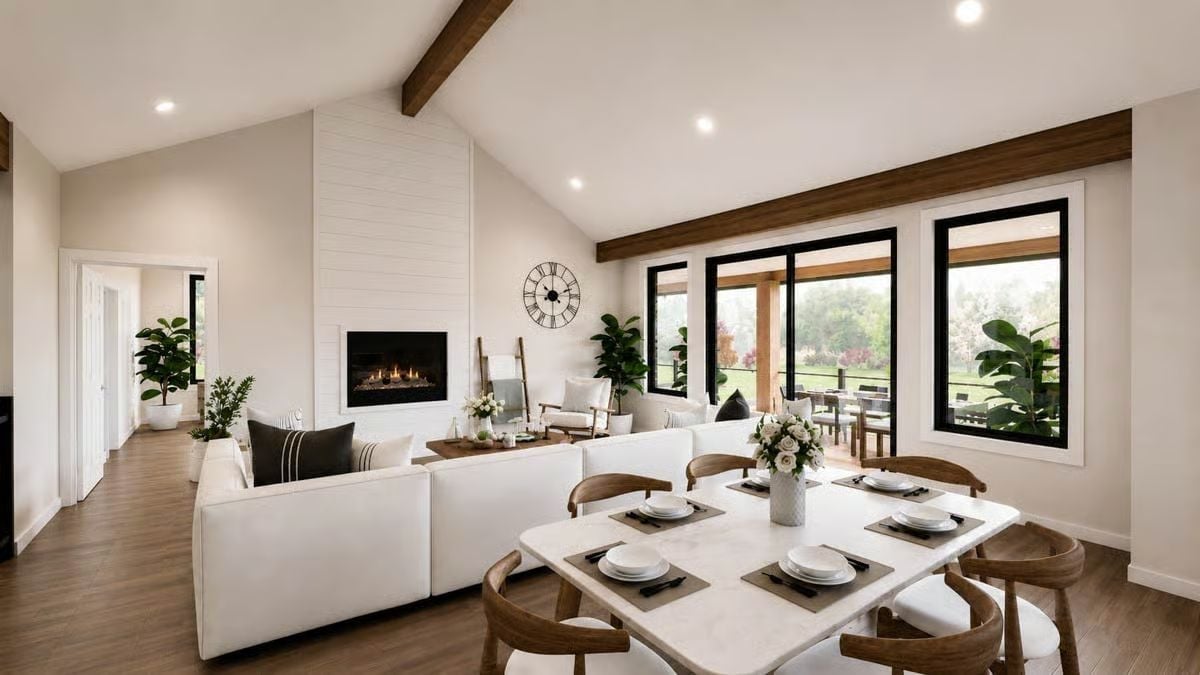 Shiplap Fireplace Wall, Exposed Beams, and an Open Plan That Earns Its Square Footage