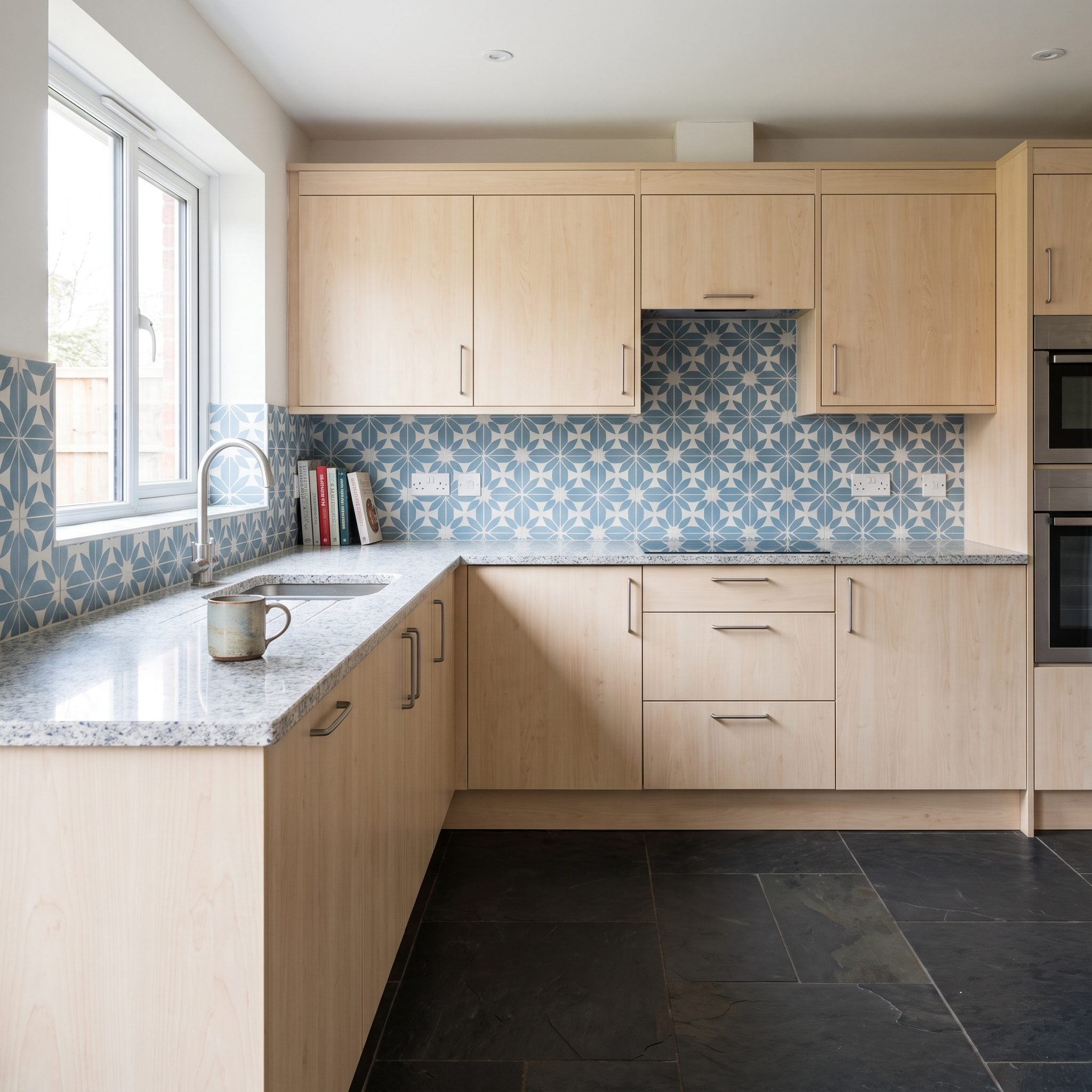 White-and-walnut kitchen transformed with warm-gray quartz counters, ivory porcelain backsplash, and muted stone-look flooring
