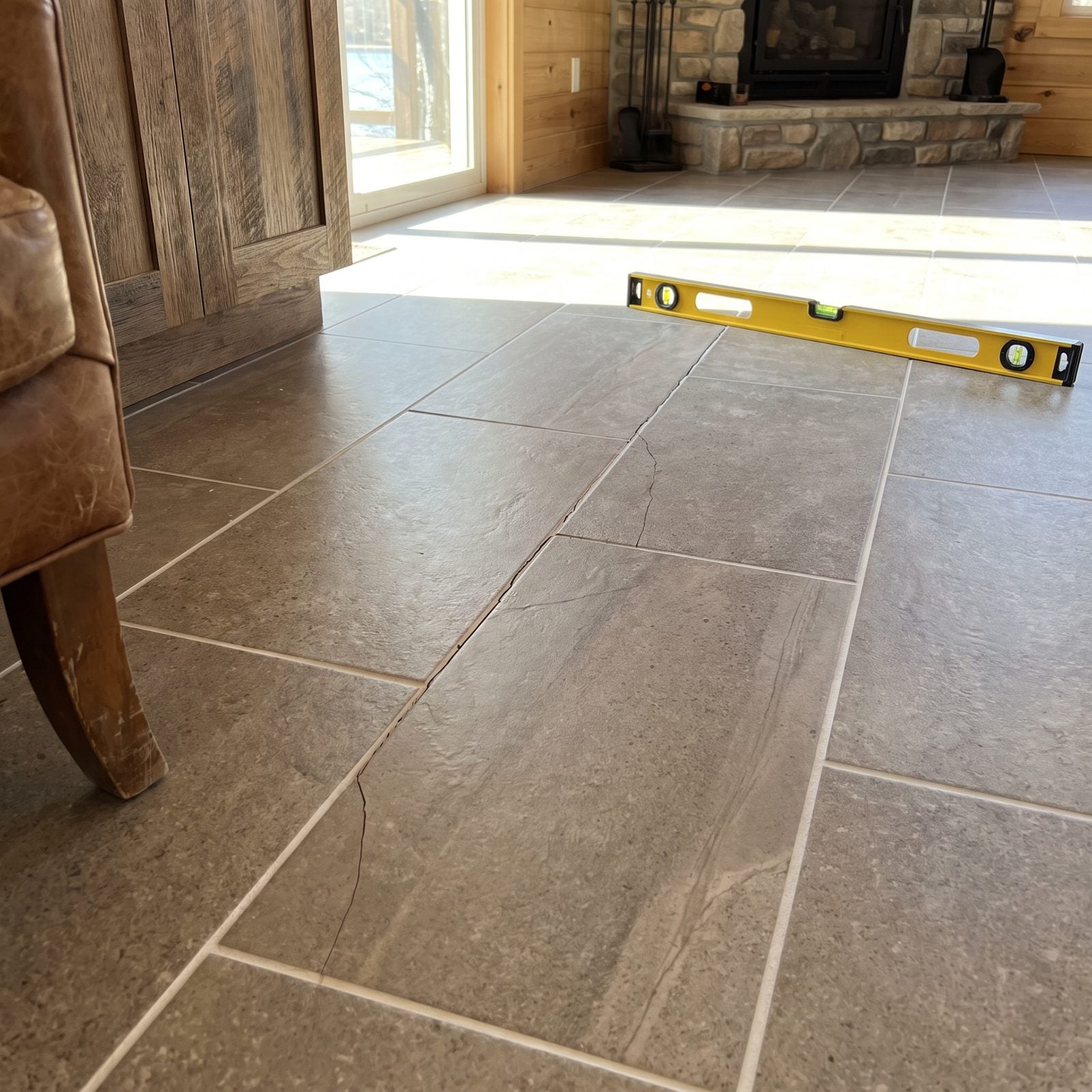 A Tile Crack Continuing in a Straight Line Across the Floor