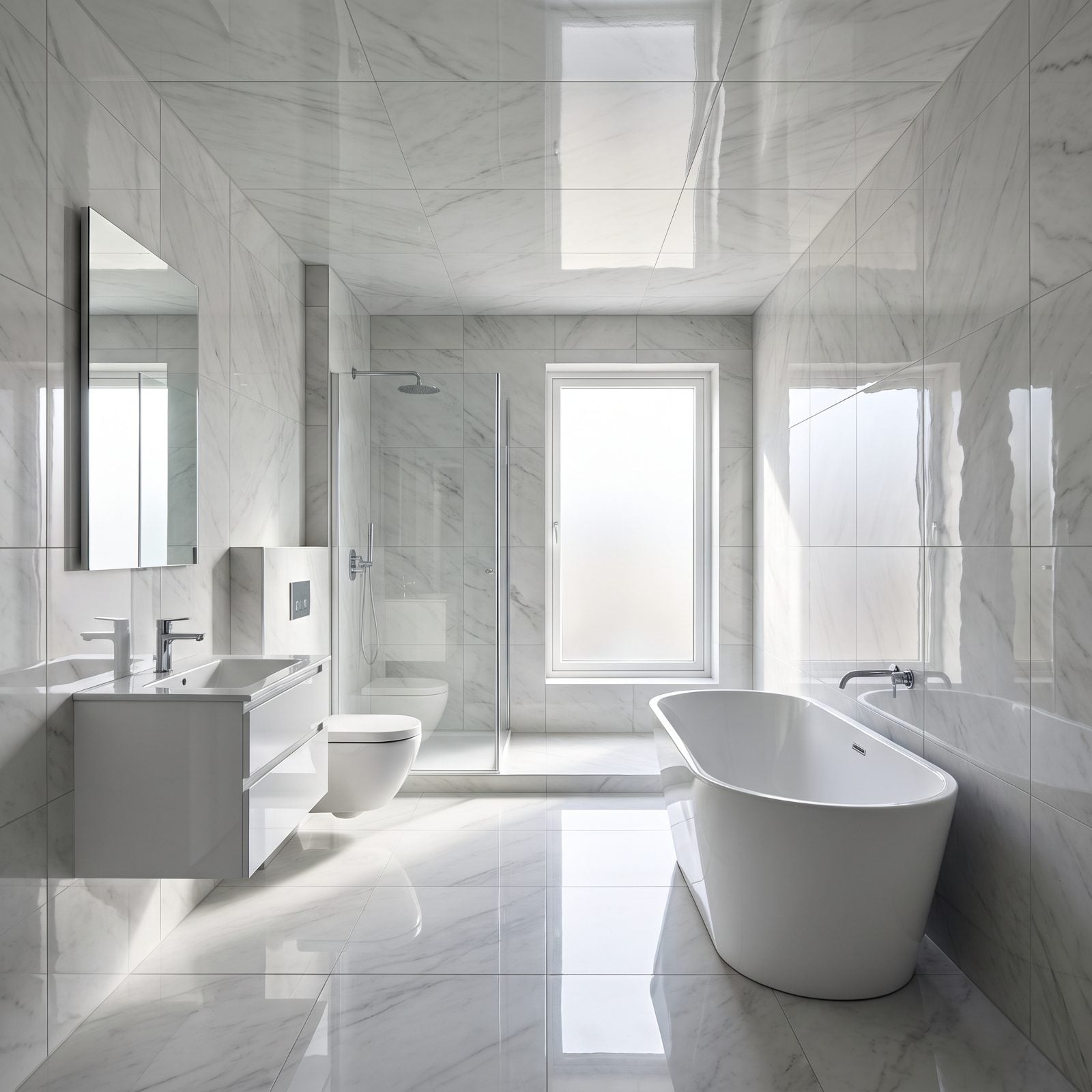 Bathroom with all four walls tiled floor to ceiling in glossy white tile, giving the room a hard, reflective feel.