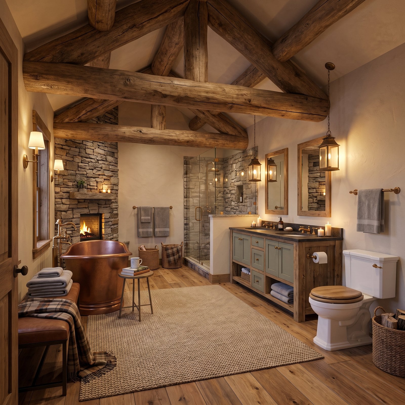 Timber Beams Overhead and Sage Accents in a Mountain Lodge Ensuite