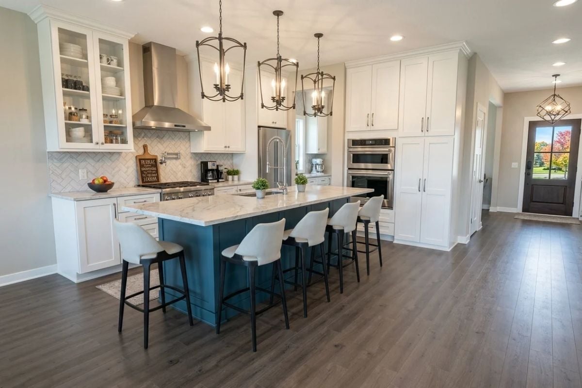 Blue Island Base and White Marble Top — One Decision That Makes the Whole Kitchen