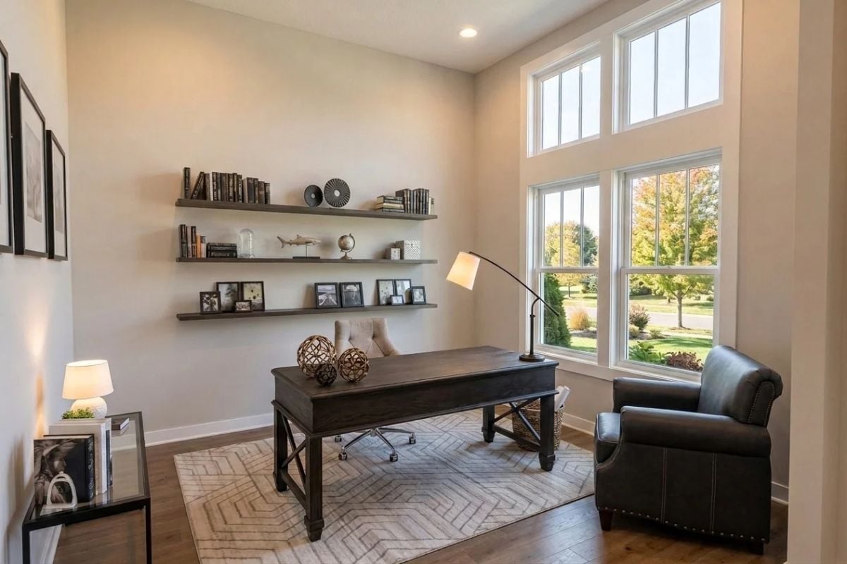 Floating Shelves, a Dark Wood Desk, and Natural Light Doing All the Work