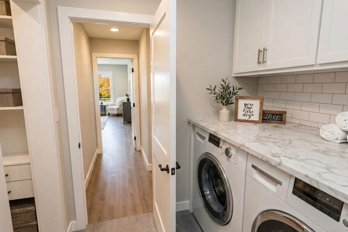 Marble Countertop Over the Washer and Dryer Is the Detail That Changes Everything