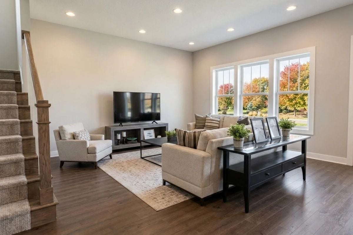Warm Beige Walls and a Black Coffee Table That Anchor Without Competing