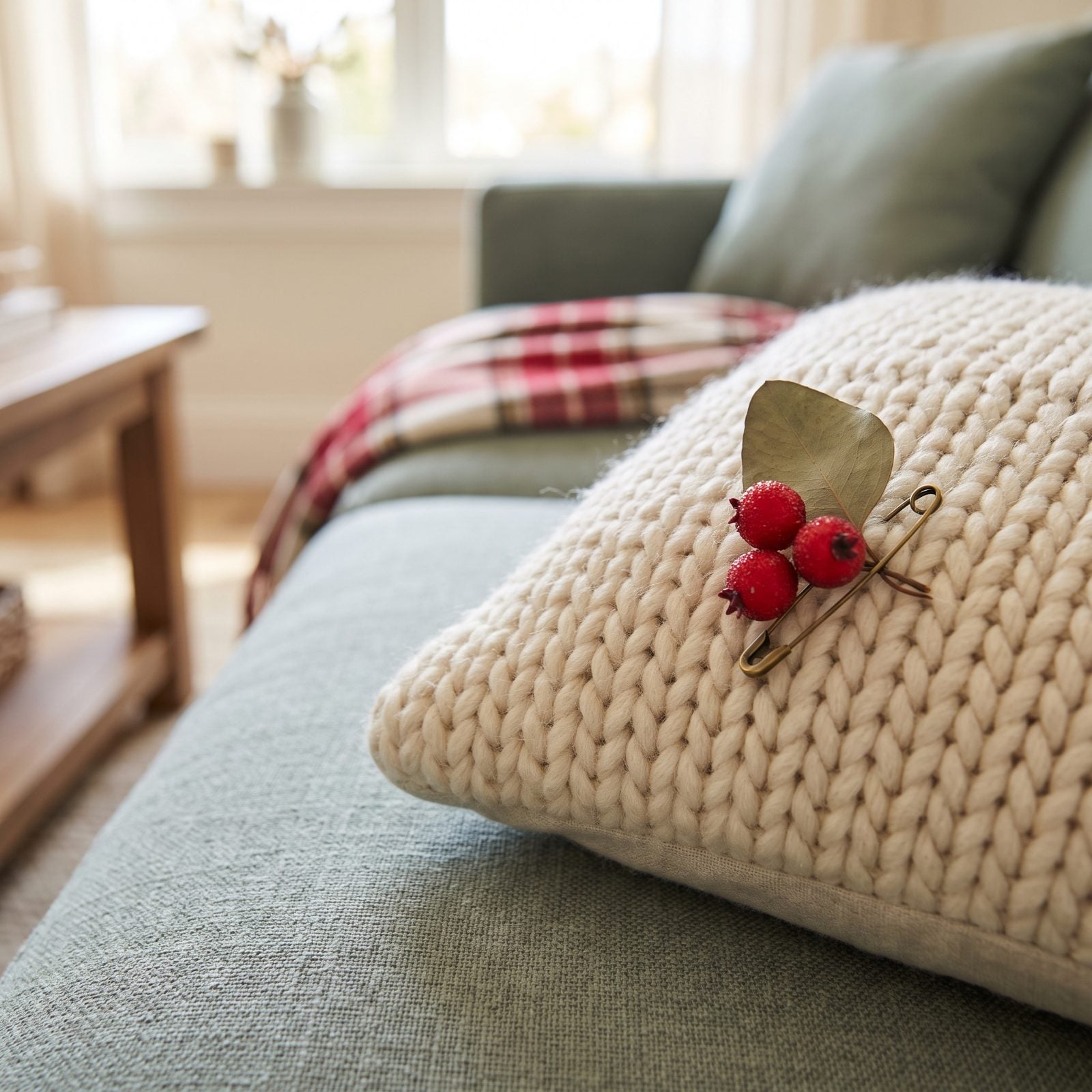 A Tiny Cluster of Berries Pinned to a Pillow Corner