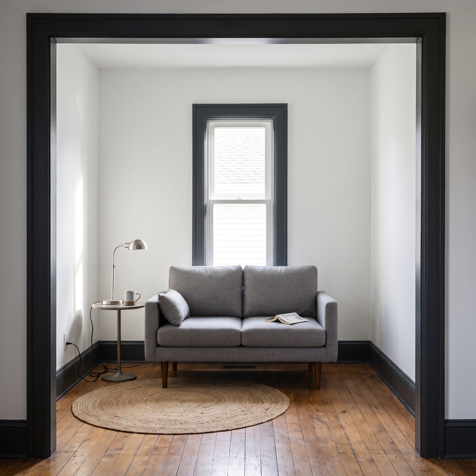 Small living room with a two-seat gray loveseat on tapered wood legs centered under a window.