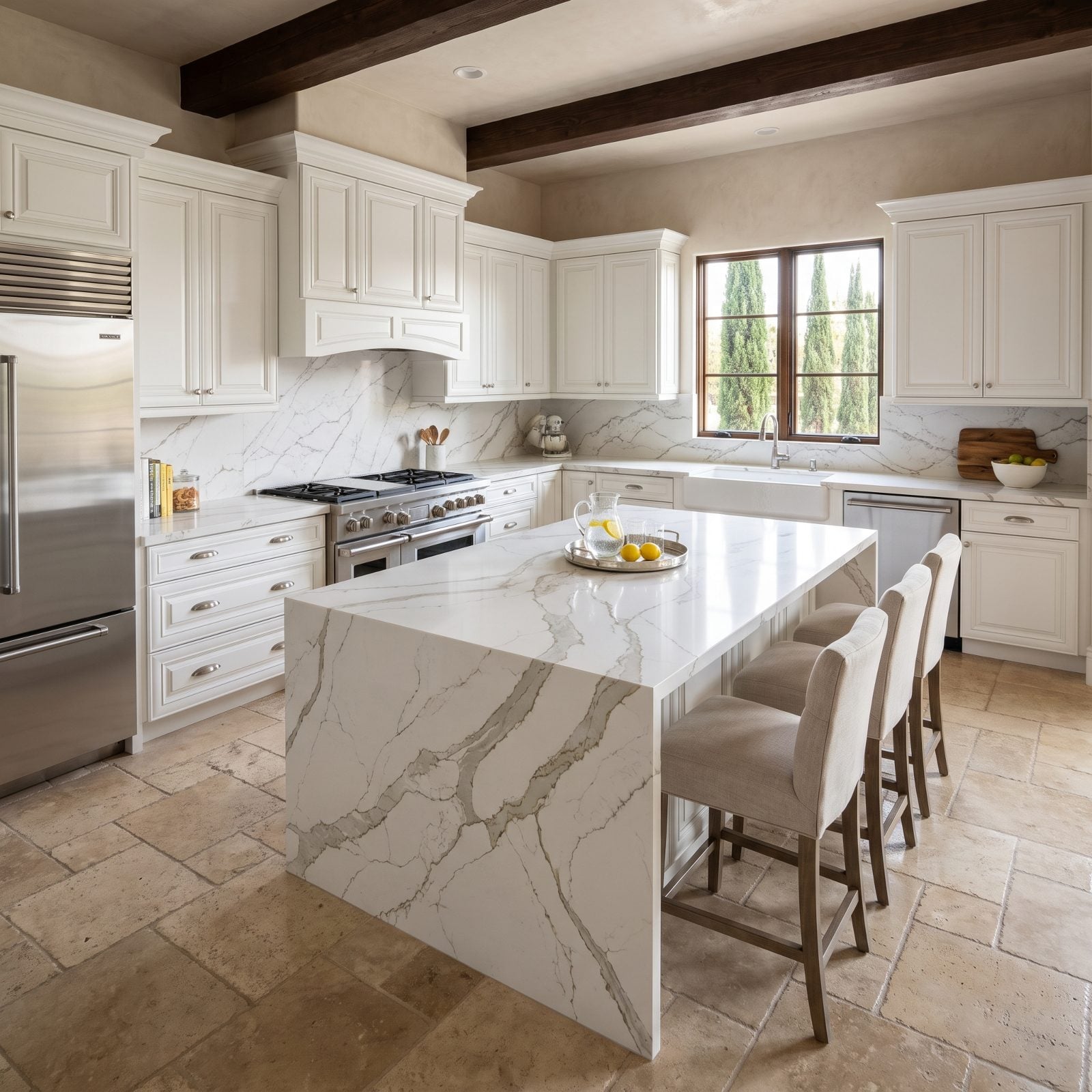 Traditional white kitchen with an island in bold large-scale marble-look veining that overpowers the delicate cabinetry.