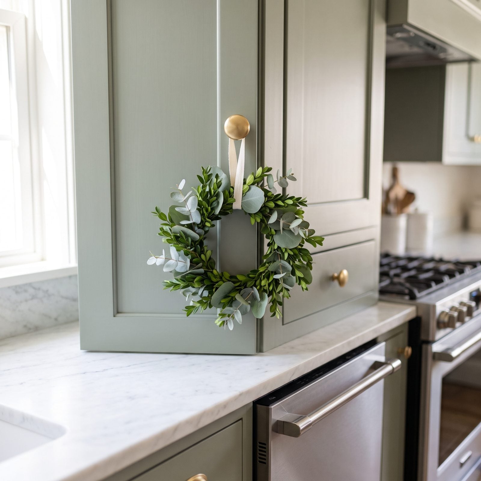 A Tiny Wreath Centered on a Cabinet Door