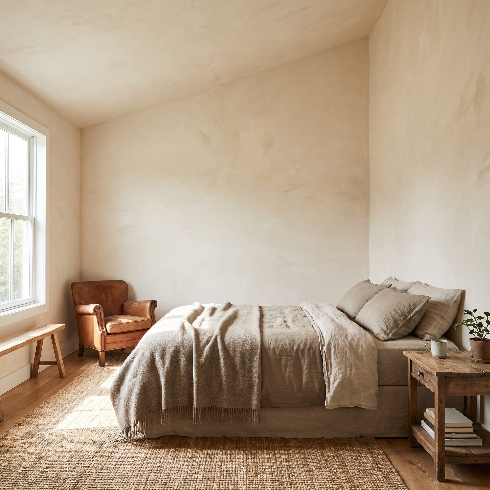 Bedroom with limewashed walls and ceiling in clay-taupe flowing together, with a linen oatmeal bed and jute rug.