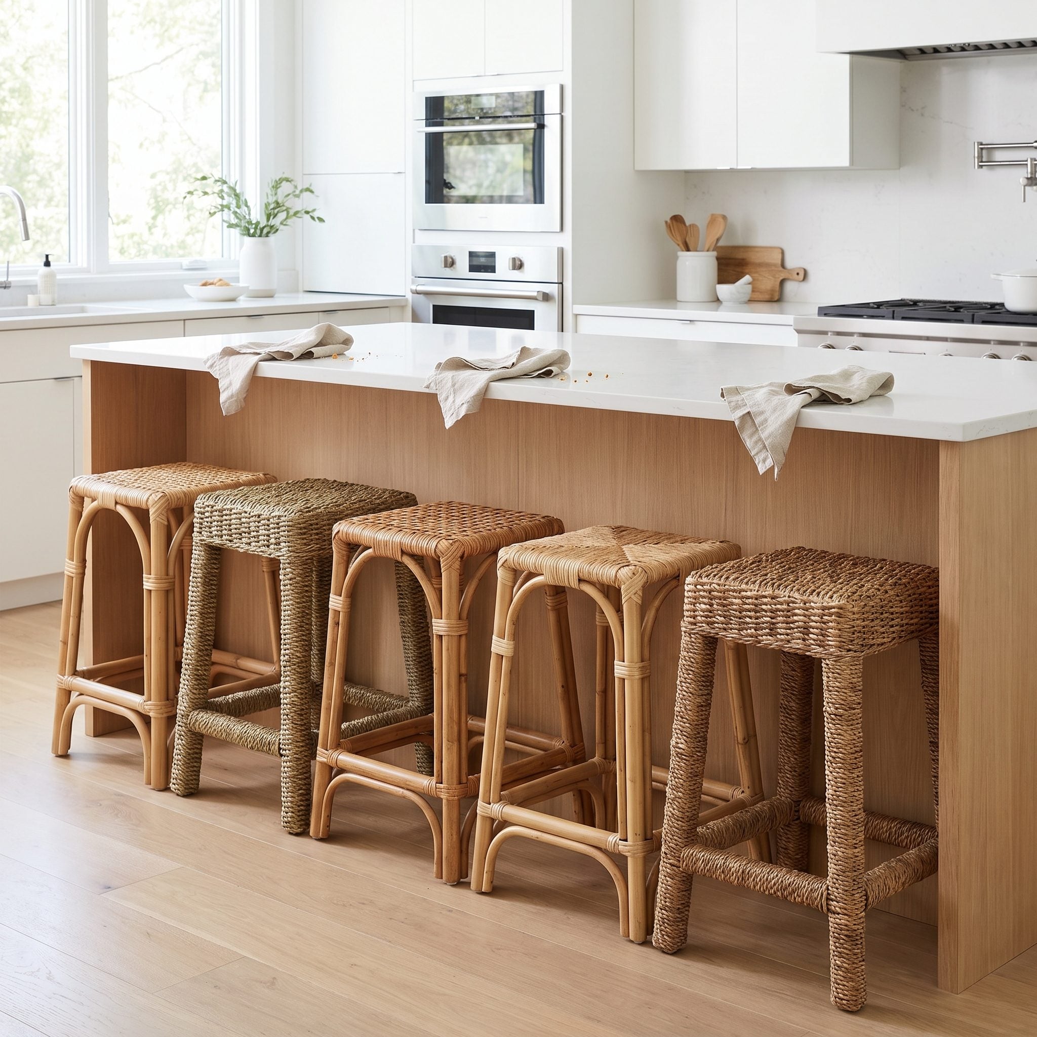 Charcoal and white kitchen with five upholstered stools packed shoulder to shoulder along one side of the island.