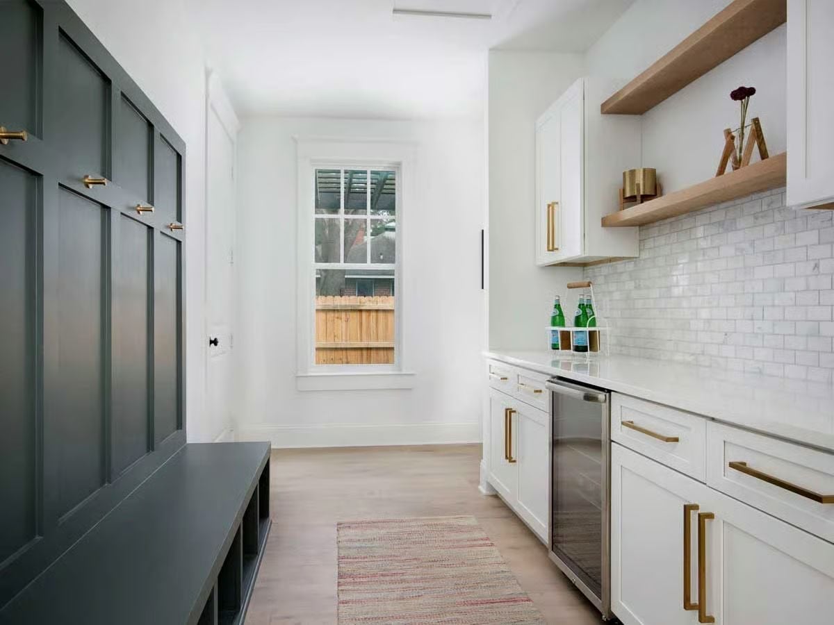 Slate Mudroom Lockers and a Beverage Fridge Make Drop-Zone Living Look Intentional