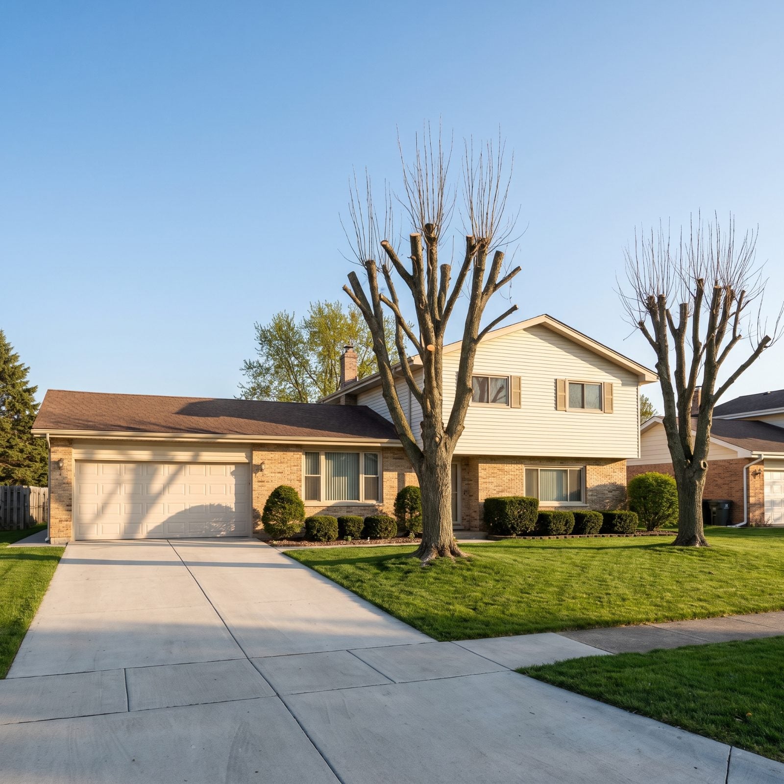 Suburban split-level home with two front-yard trees cut flat across the top, leaving blunt stubs and thin vertical shoots.
