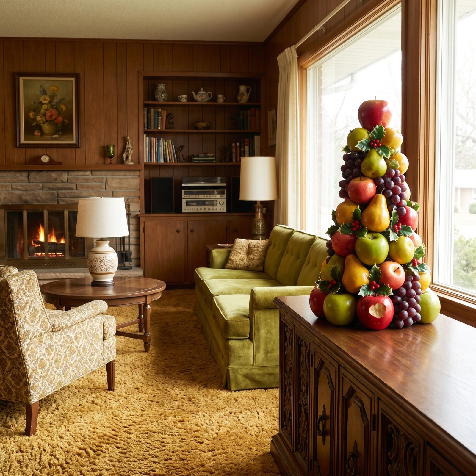 A Tower of Wax Fruit Dressed With Holly