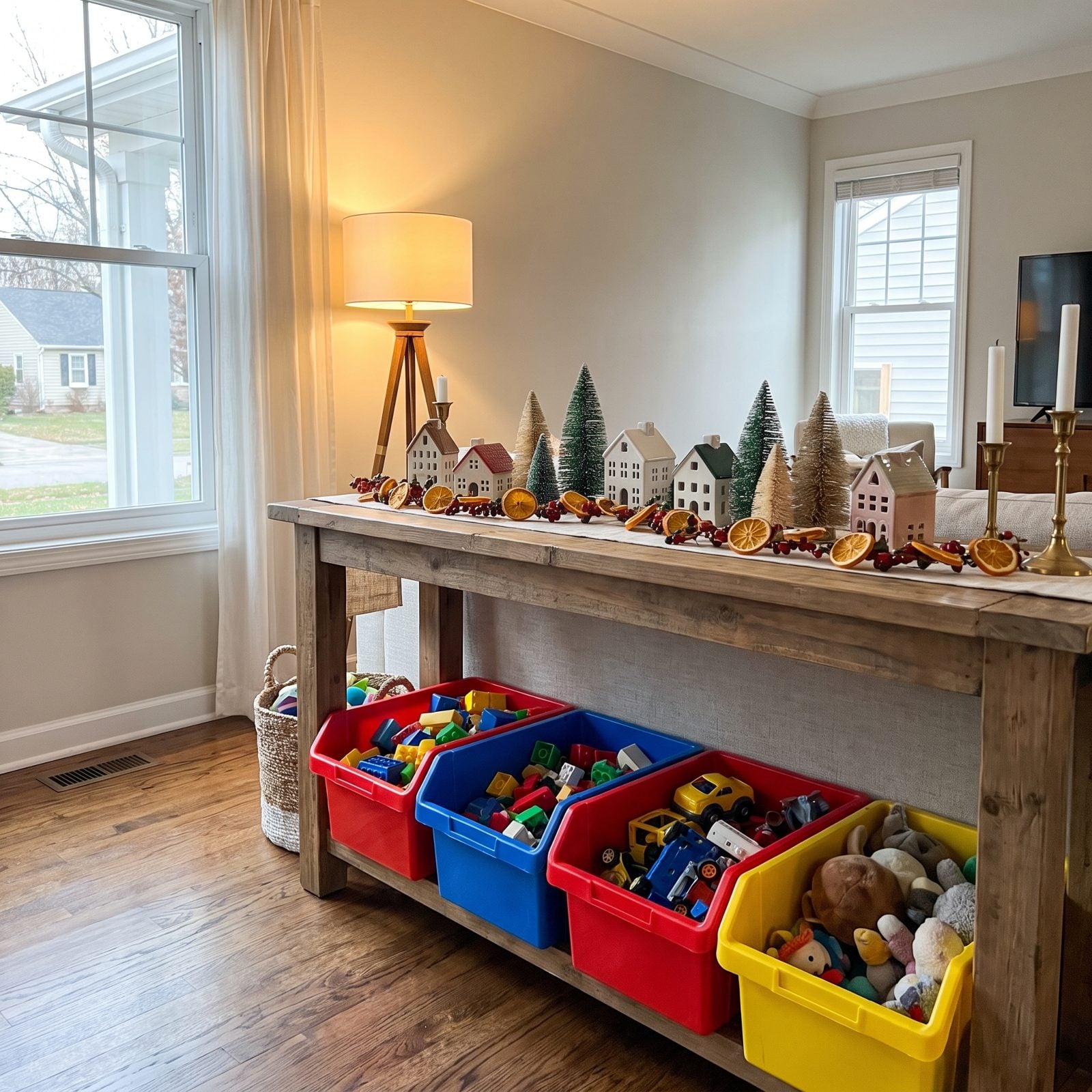 The Toy Bins Visible Beneath the Holiday Display
