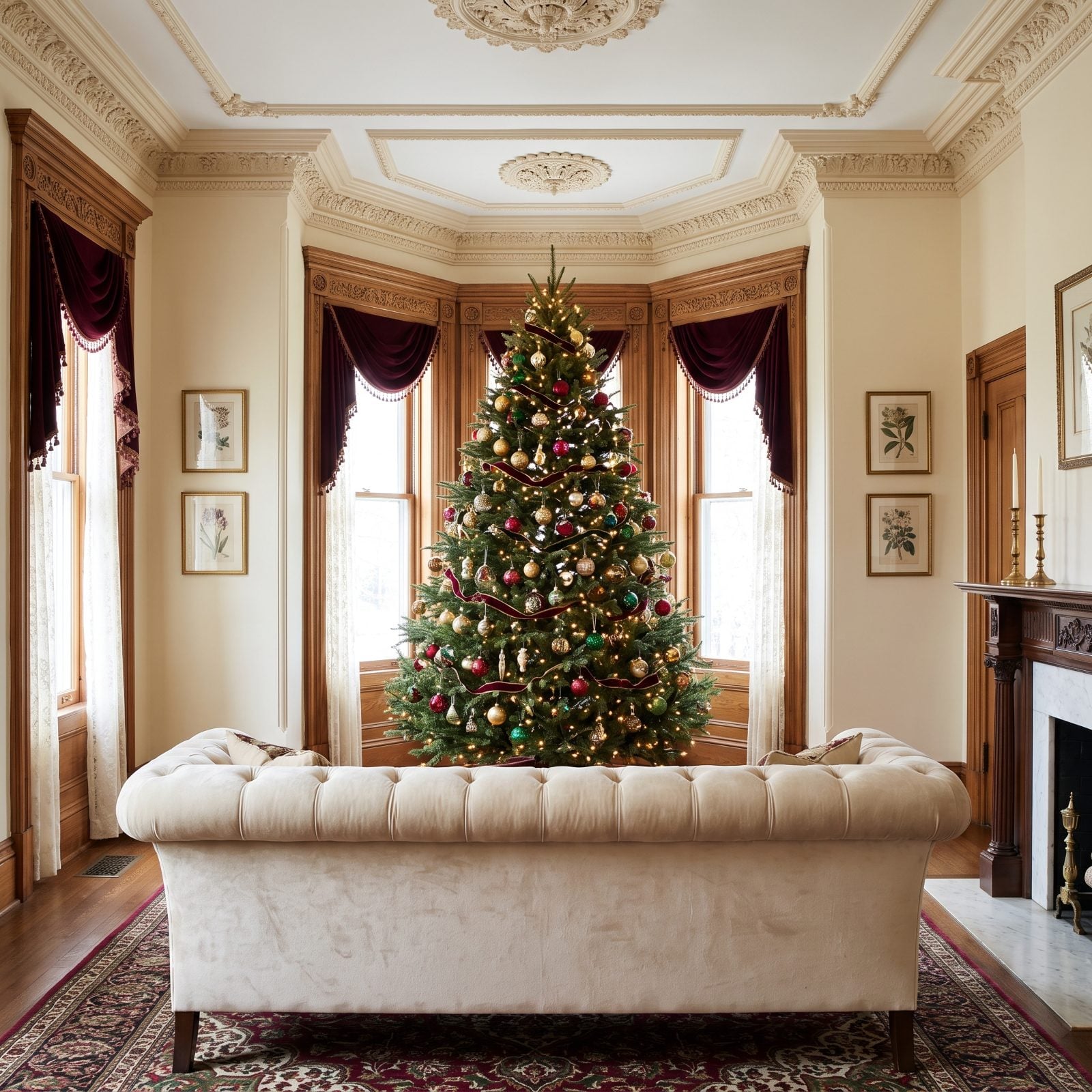A Traditional Fir Framed by Ornate Victorian Moldings