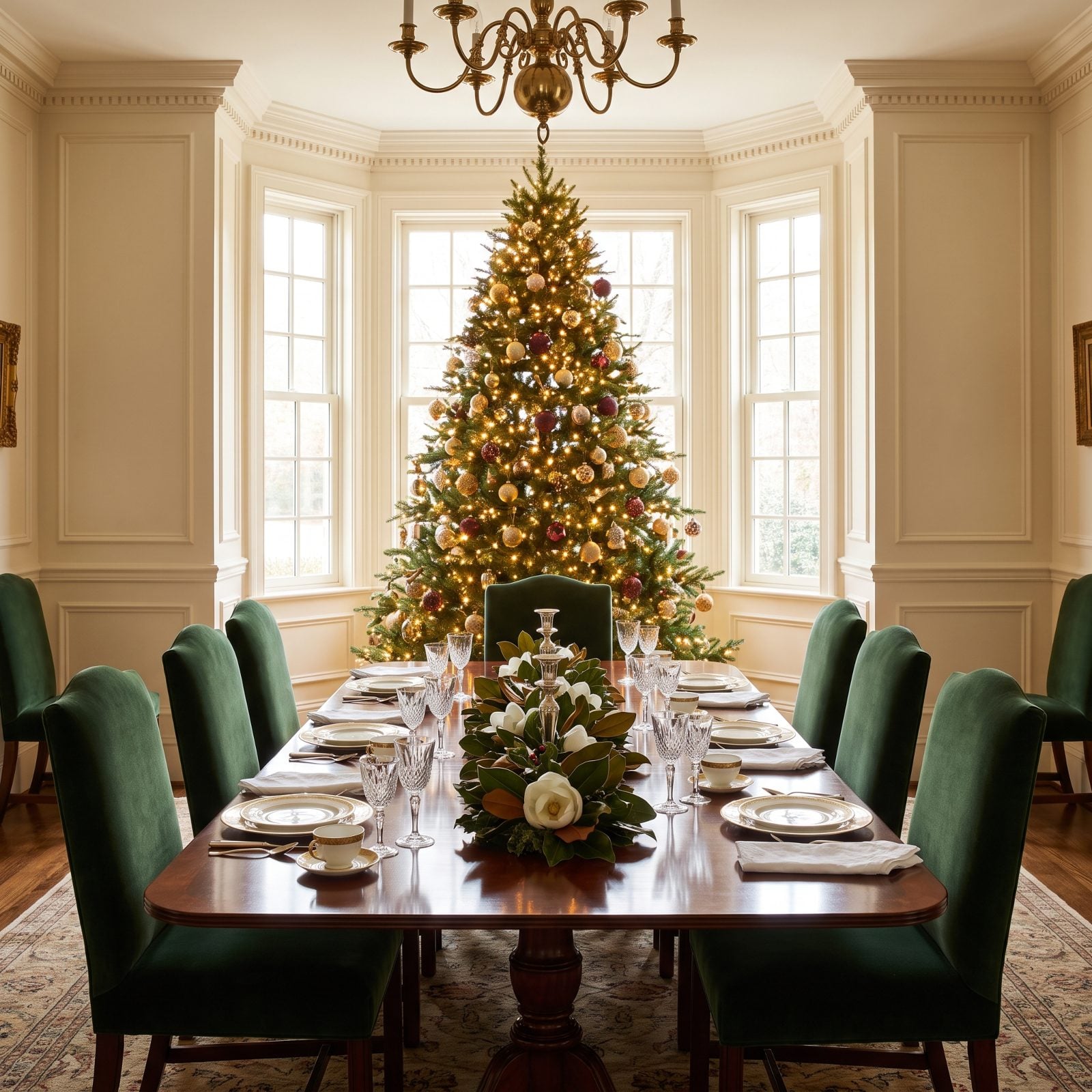 Traditional Formal Dining With the Tree Framed in the Bay Window