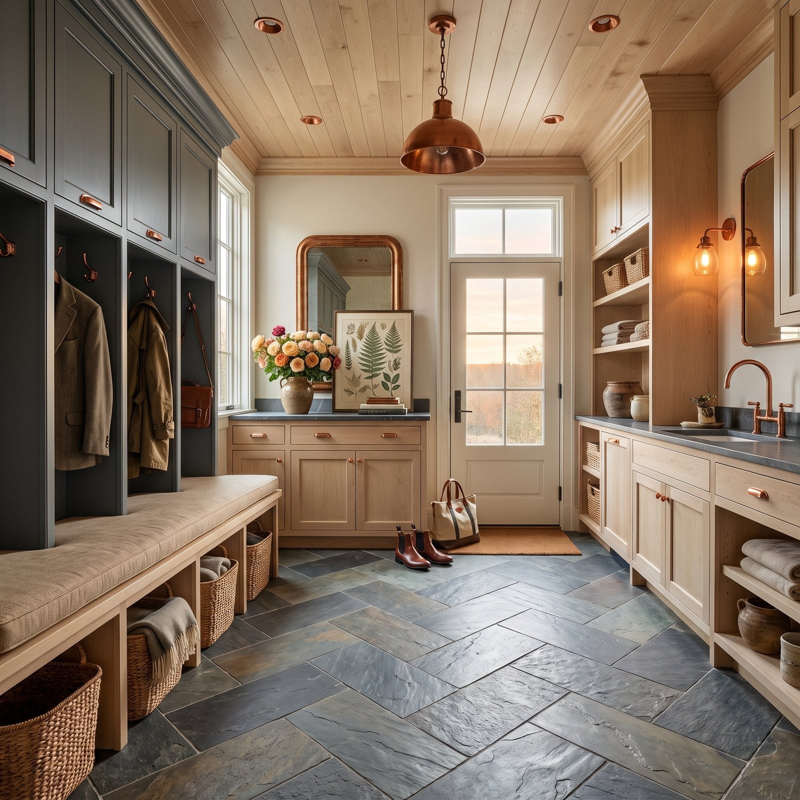 Traditional Panelled Lockers in Slate Grey With Polished Copper Pulls