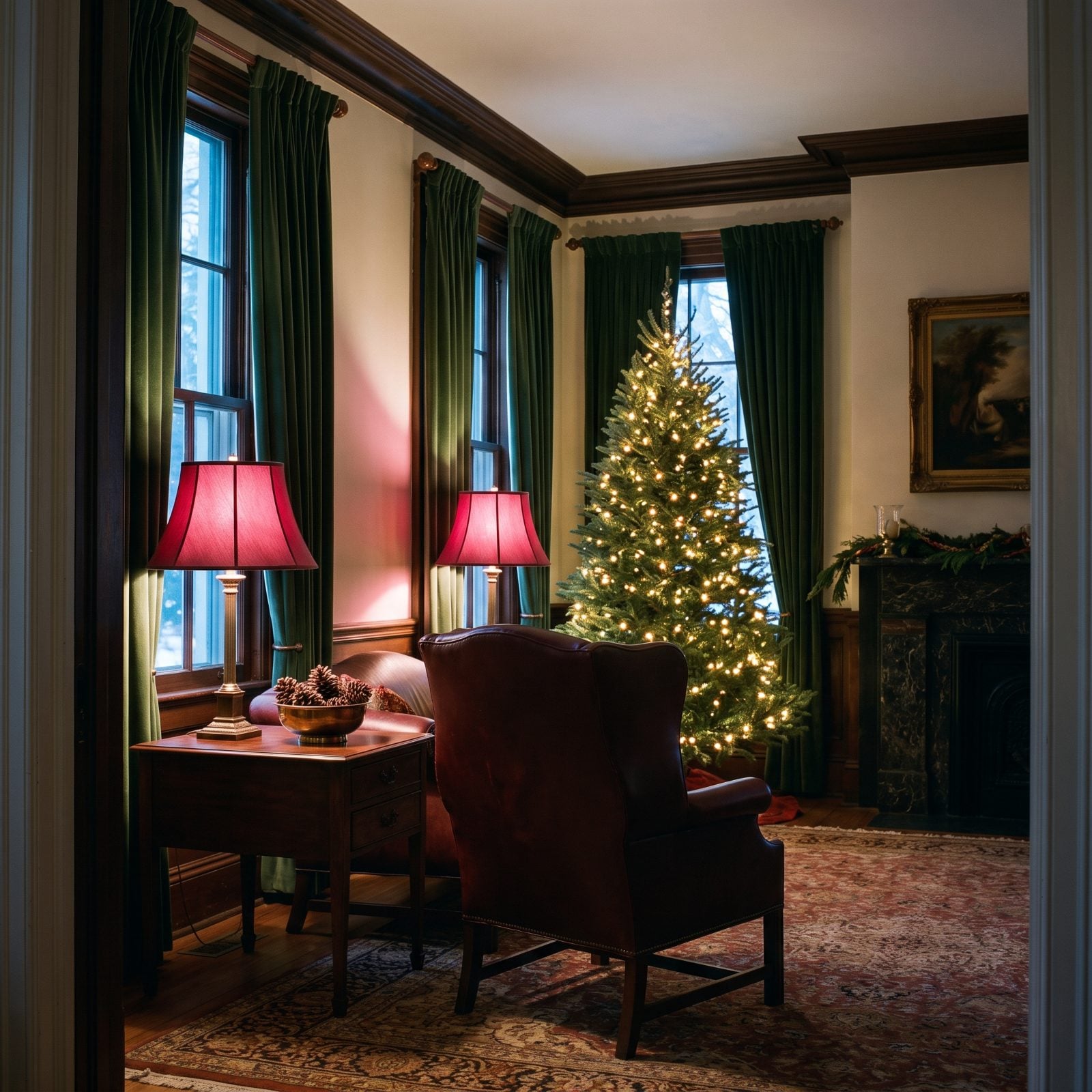 A Traditional Parlor with Red-Shaded Lamps and Tree Lights