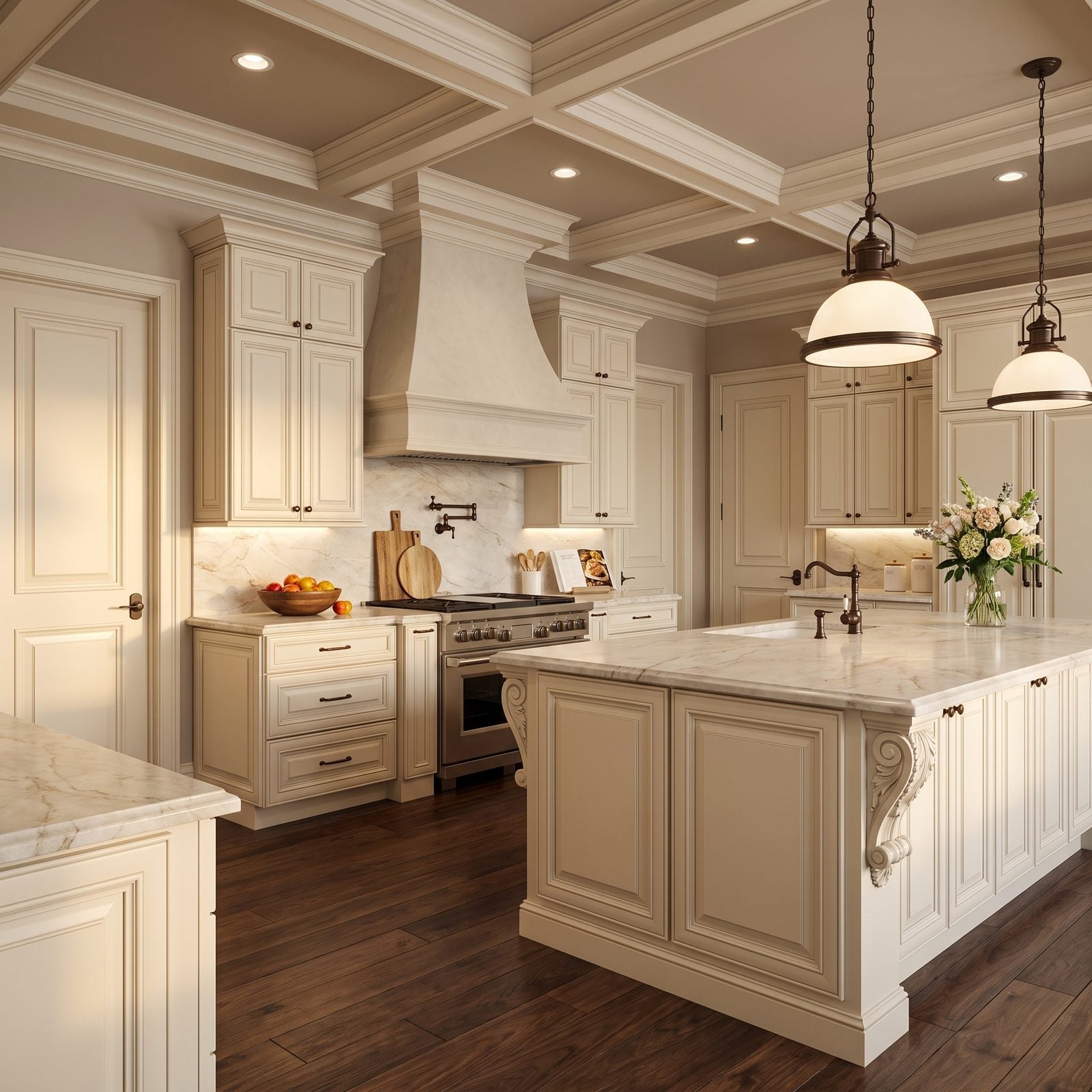 Kitchen with traditional raised panel cabinet doors: Raised-panel doors in warm ivory with carved corbels and a plaster hood under a coffered ceiling.