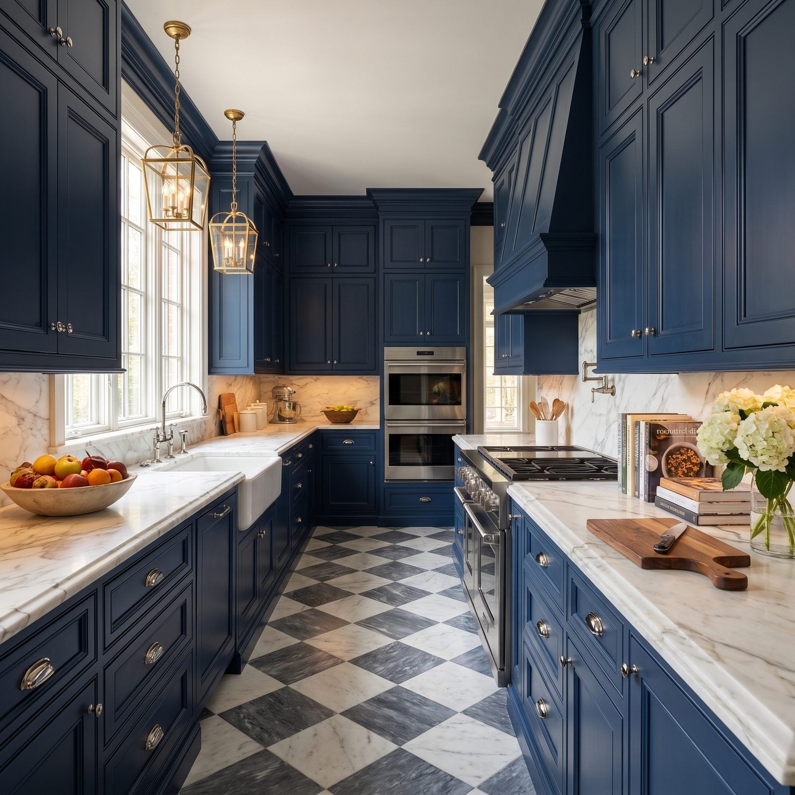 Kitchen with traditional recessed panel cabinet doors: Recessed-panel doors with ogee profiles in rich navy, polished nickel and Calacatta marble.