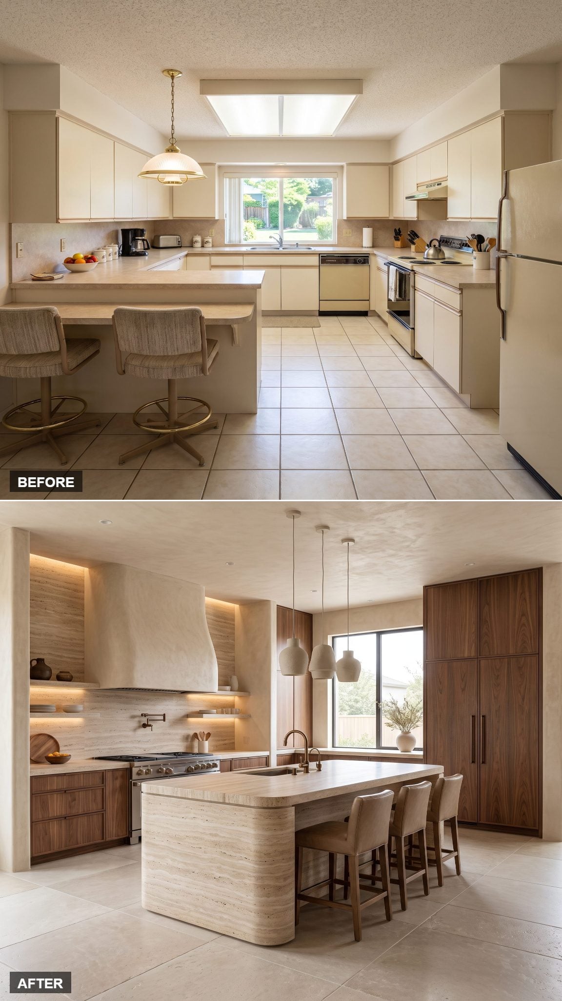 Monolithic travertine kitchen with walnut and textured plaster