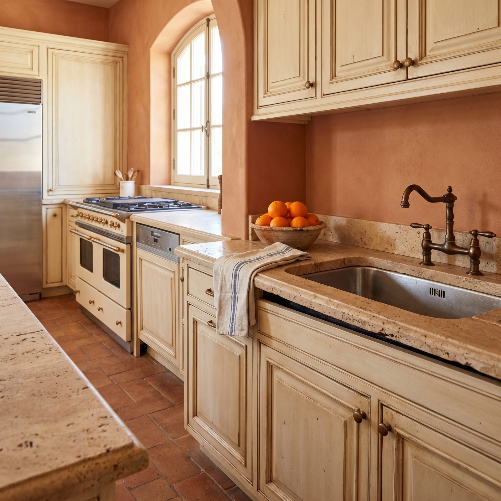 Travertine kitchen counter where an undermount sink has sagged and separated from the stone, leaving a gap along the rim.