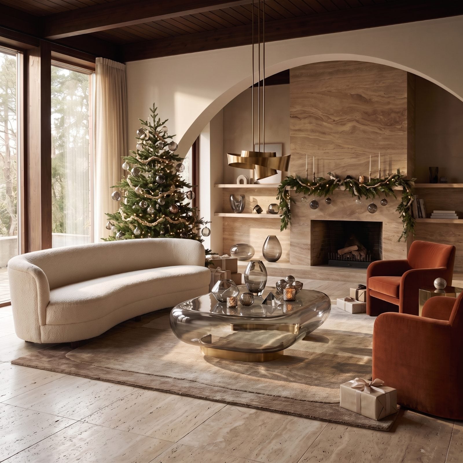 A Travertine Living Room with Smoky Glass Ornaments