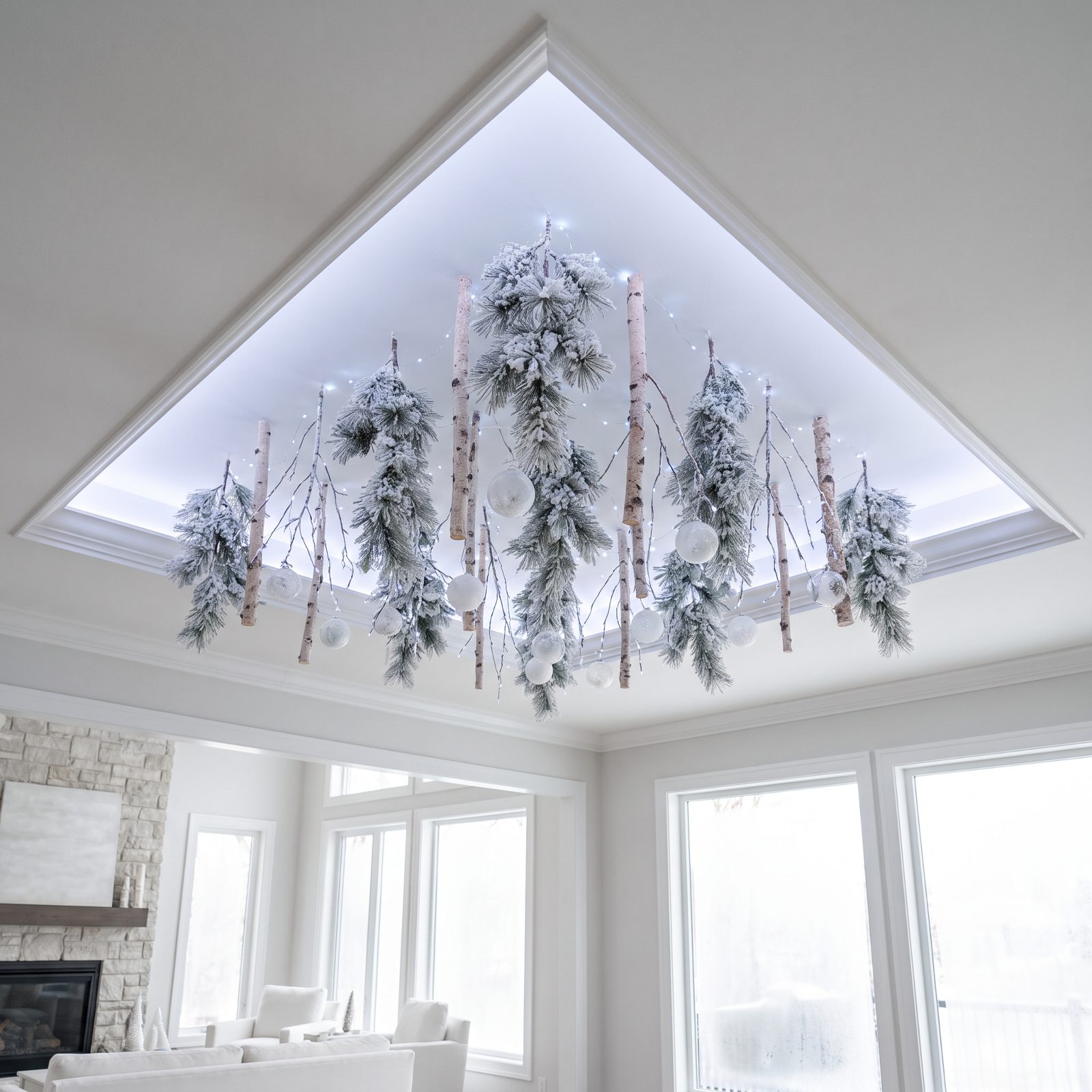 A Tray Ceiling Holding a Suspended Winter Forest